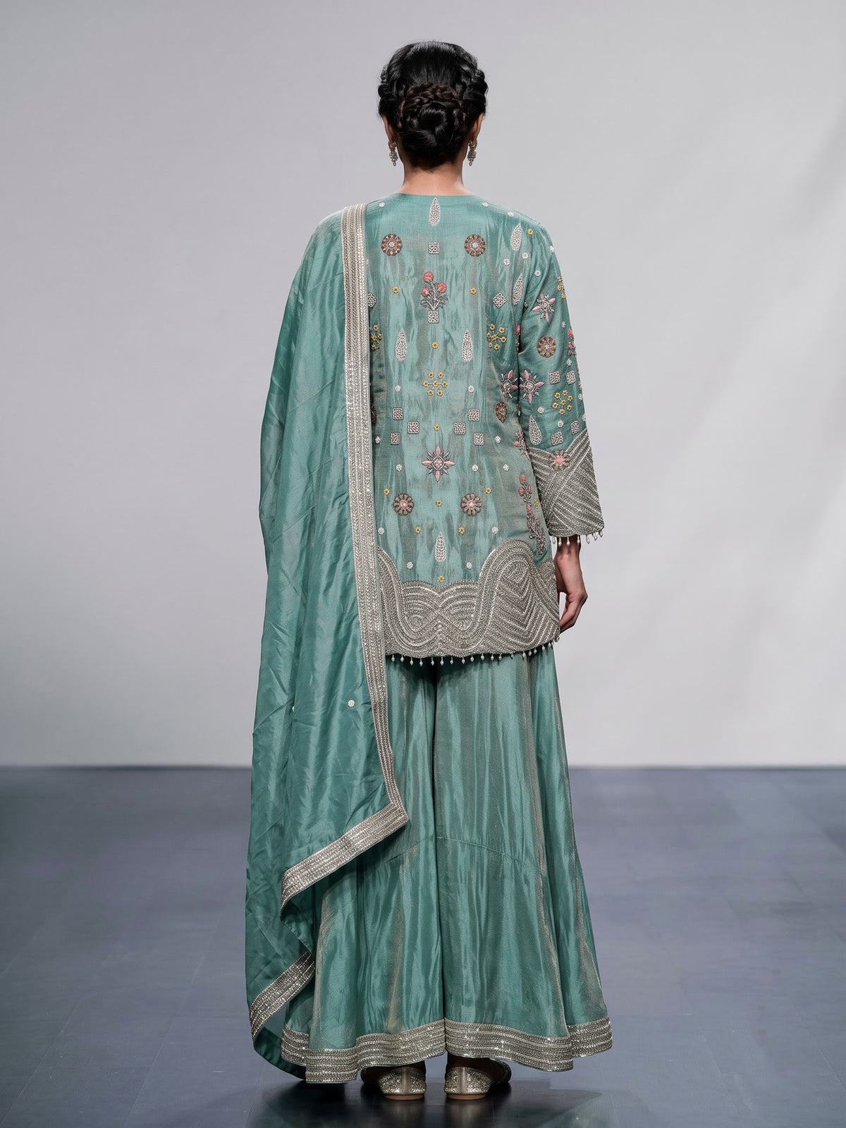 Pastel mint blue silk palazzo suit with sequins and tassel detailing