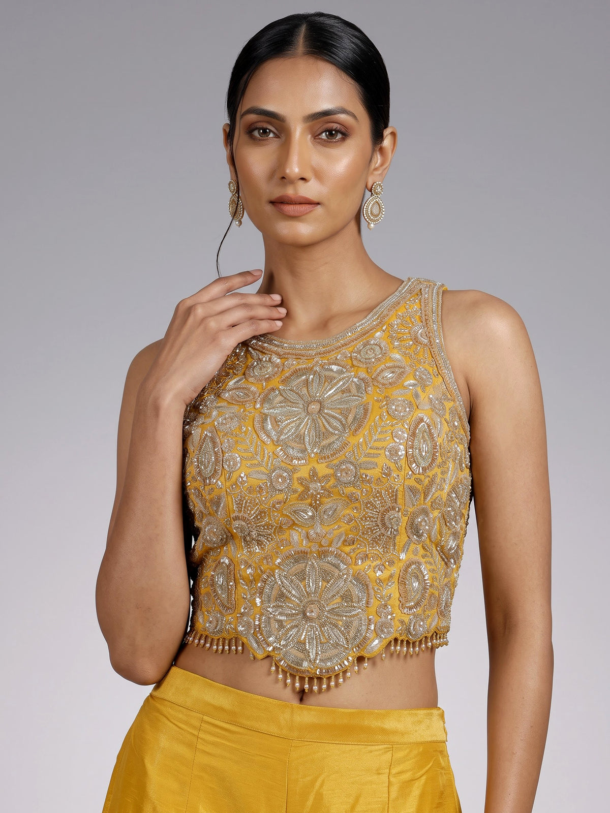 Mustard yellow silk palazzo suit with cutdana and sequin detailing