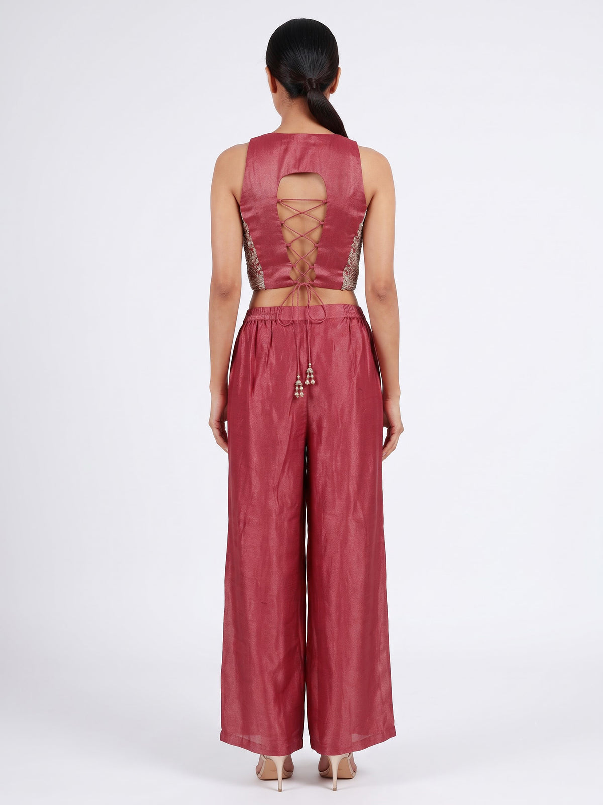 Pastel onion pink silk palazzo suit with cutdana and sequins