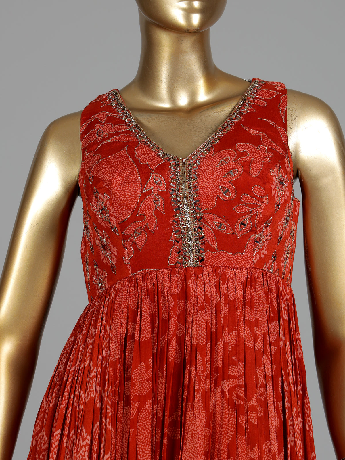 Rust red printed georgette silk anarkali with aabla embellishments