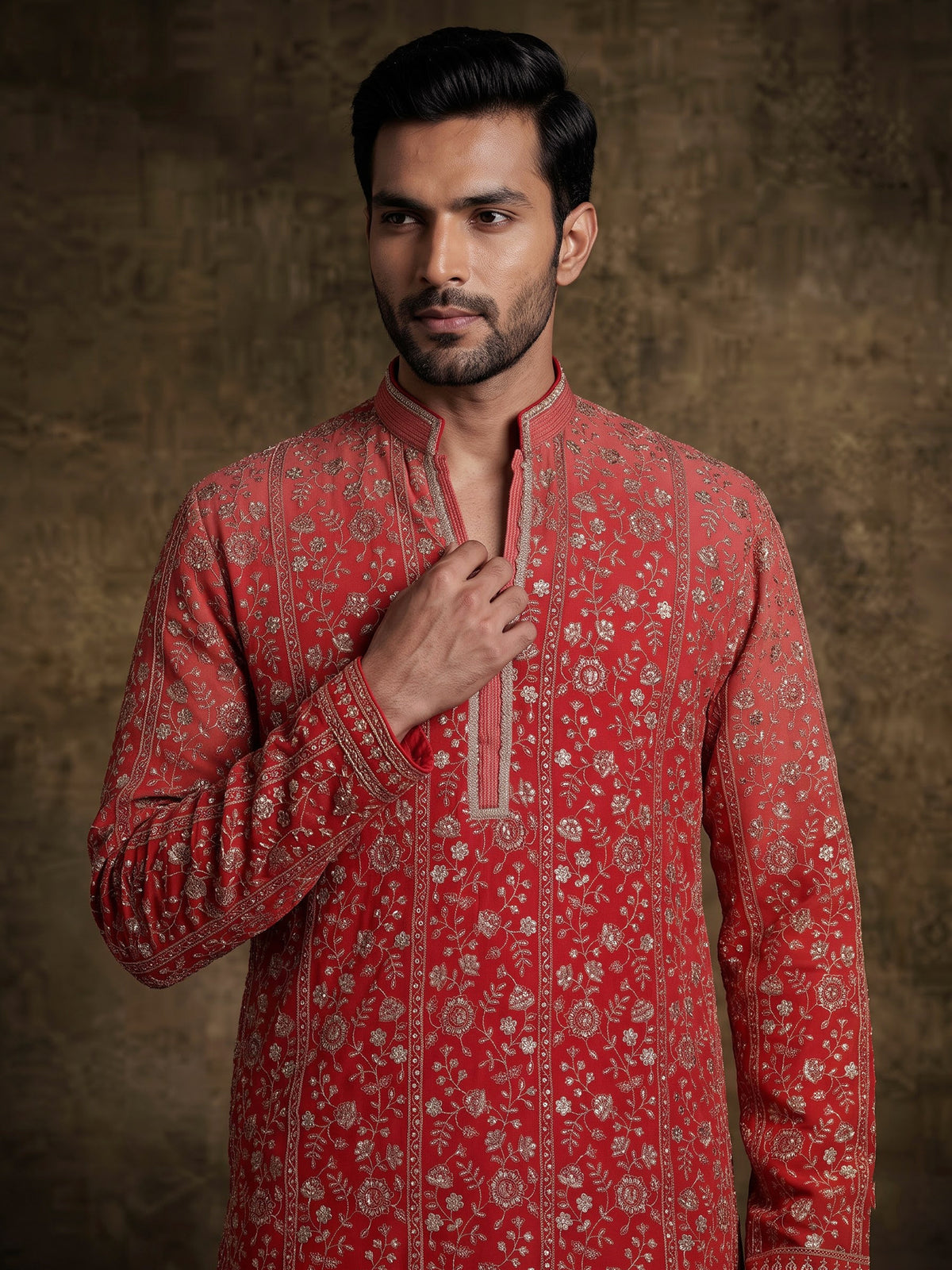 Red georgette mens kurta suit with heavy festive embroidery detailing