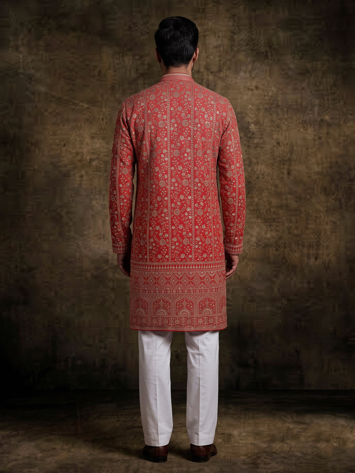 Red georgette mens kurta suit with heavy festive embroidery detailing
