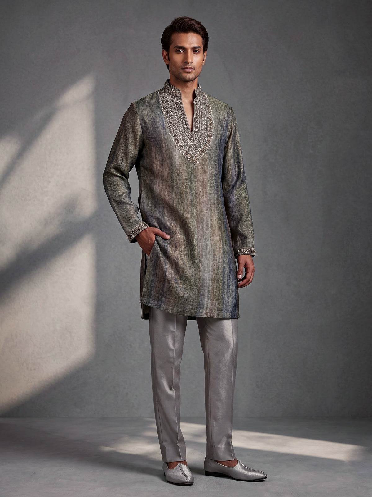 Pastel grey chiffon georgette mens kurta suit with zardosi yoke