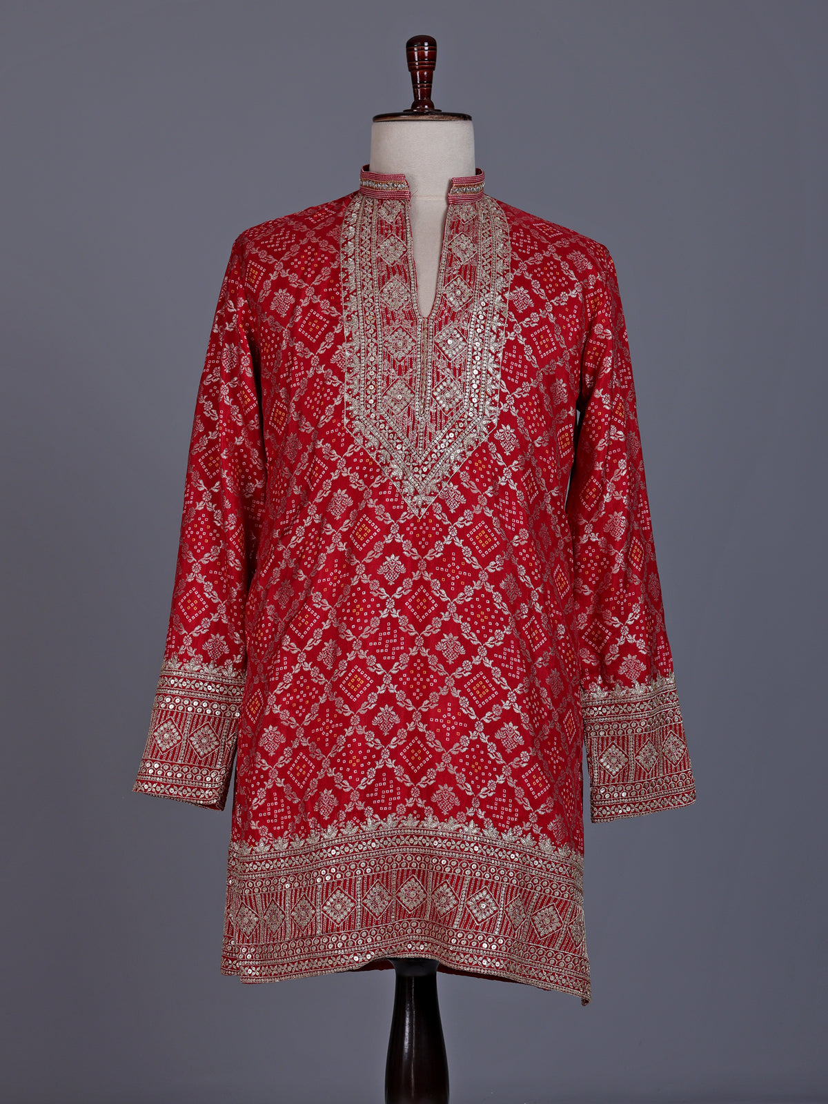 Red silk mens kurta suit with bandhani print and zari yoke