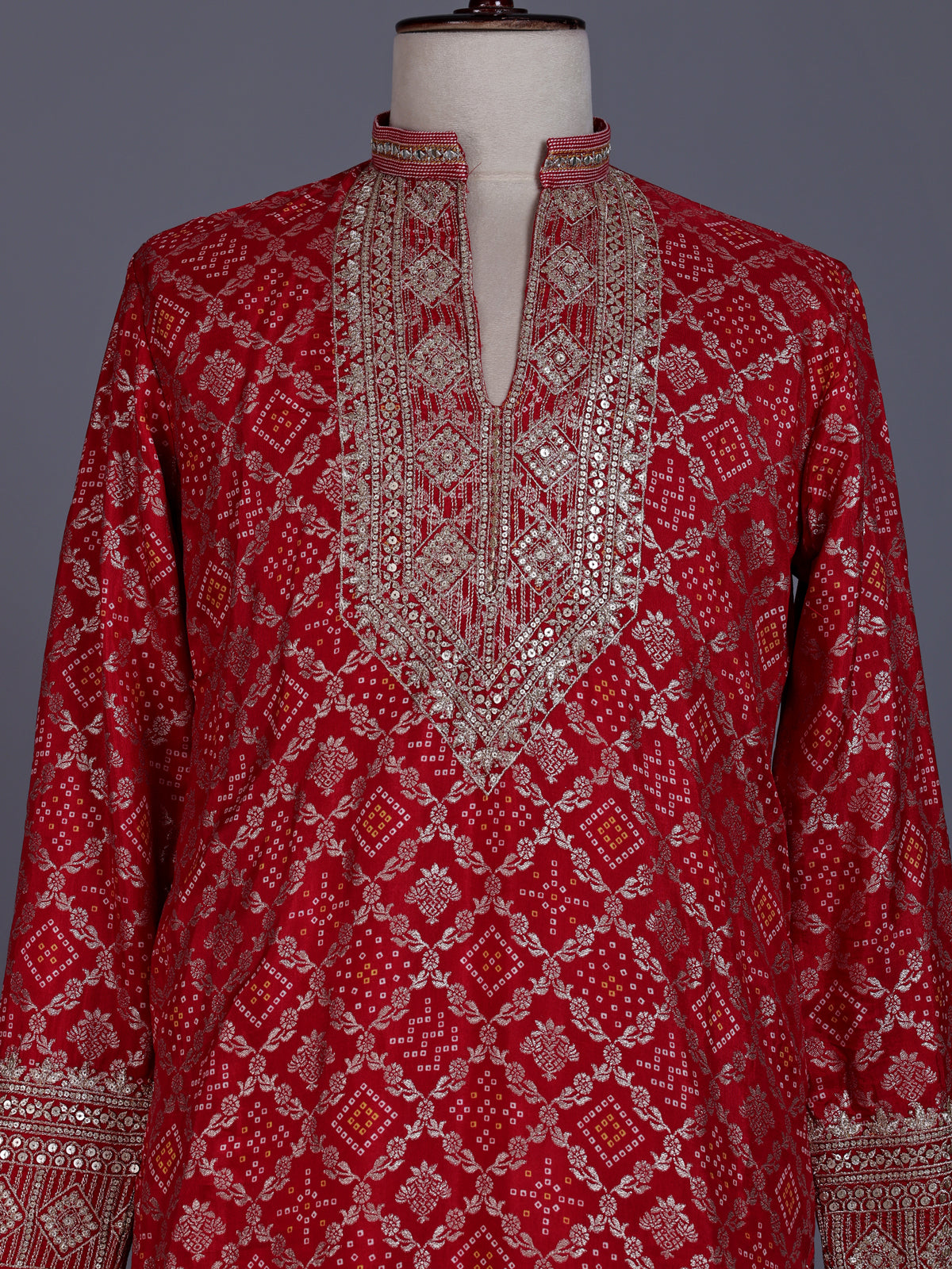 Red silk mens kurta suit with bandhani print and zari yoke