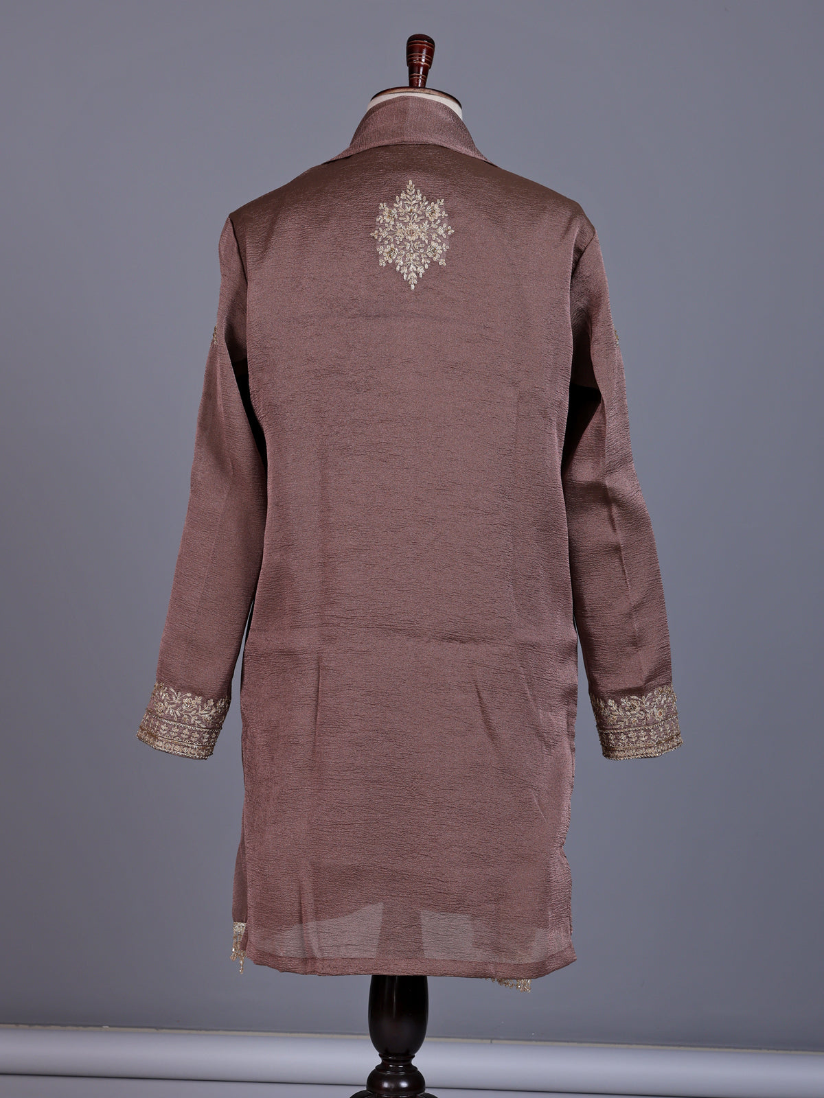 Pastel light wine silk mens kurta suit with embellished yoke