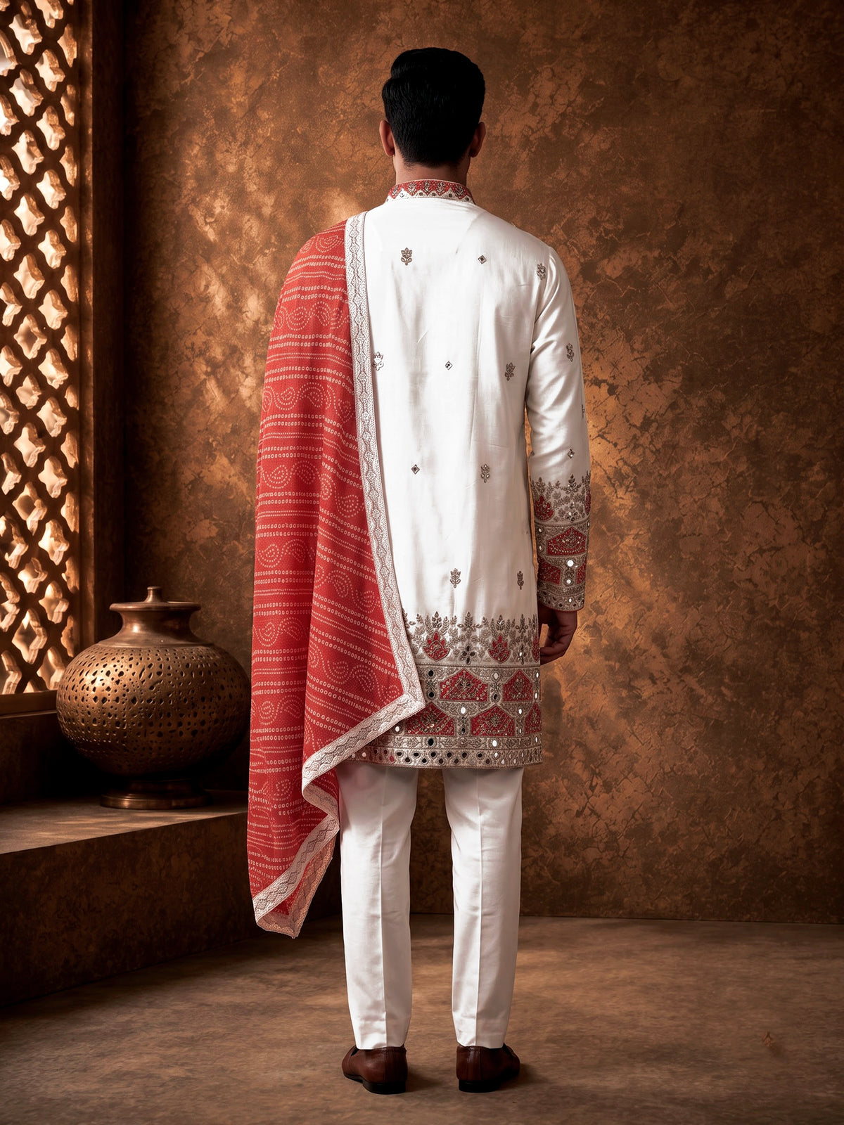 White silk mens kurta suit with bandhani dupatta and embroidery