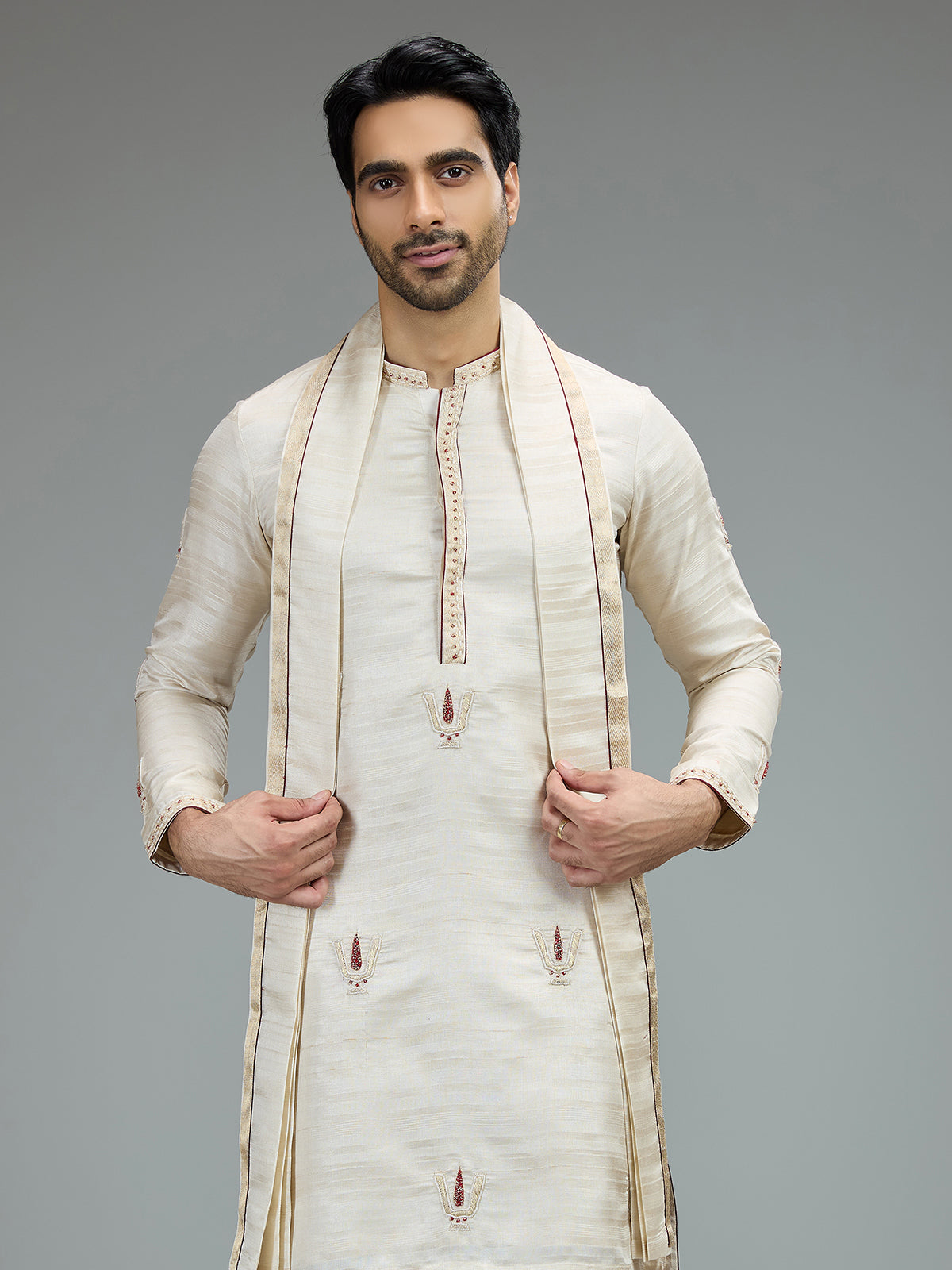 Cream embroidered dhoti kurta suit for men