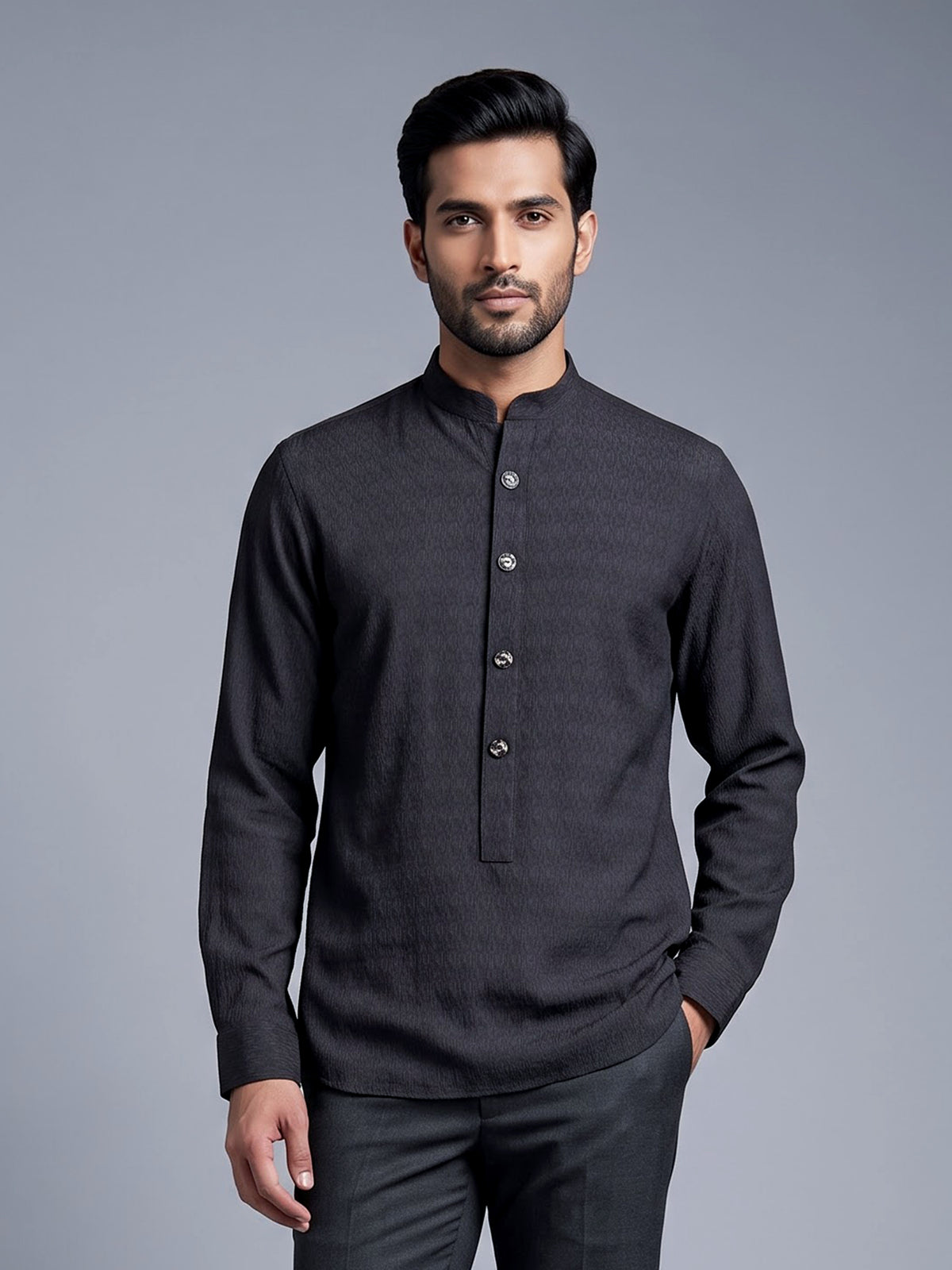 Charcoal black solid textured shirt style kurta for mens