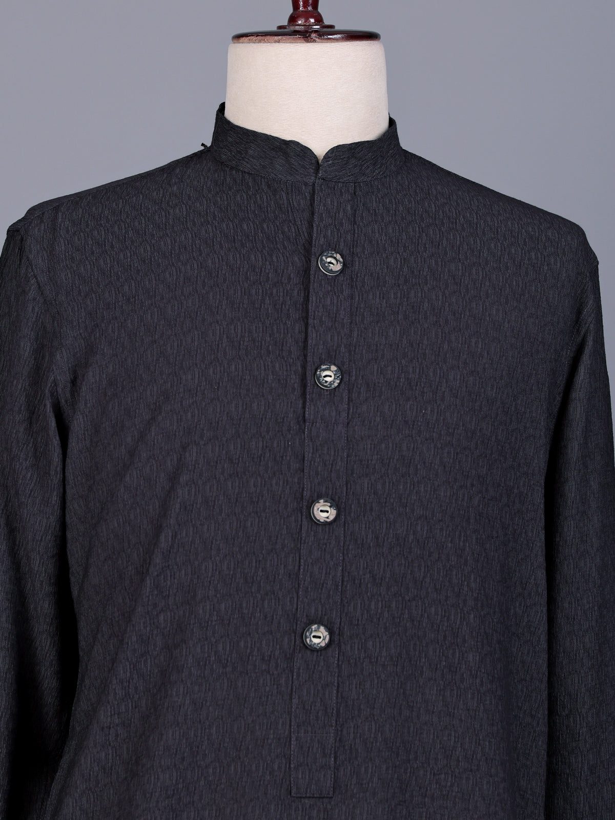 Charcoal black solid textured shirt style kurta for mens
