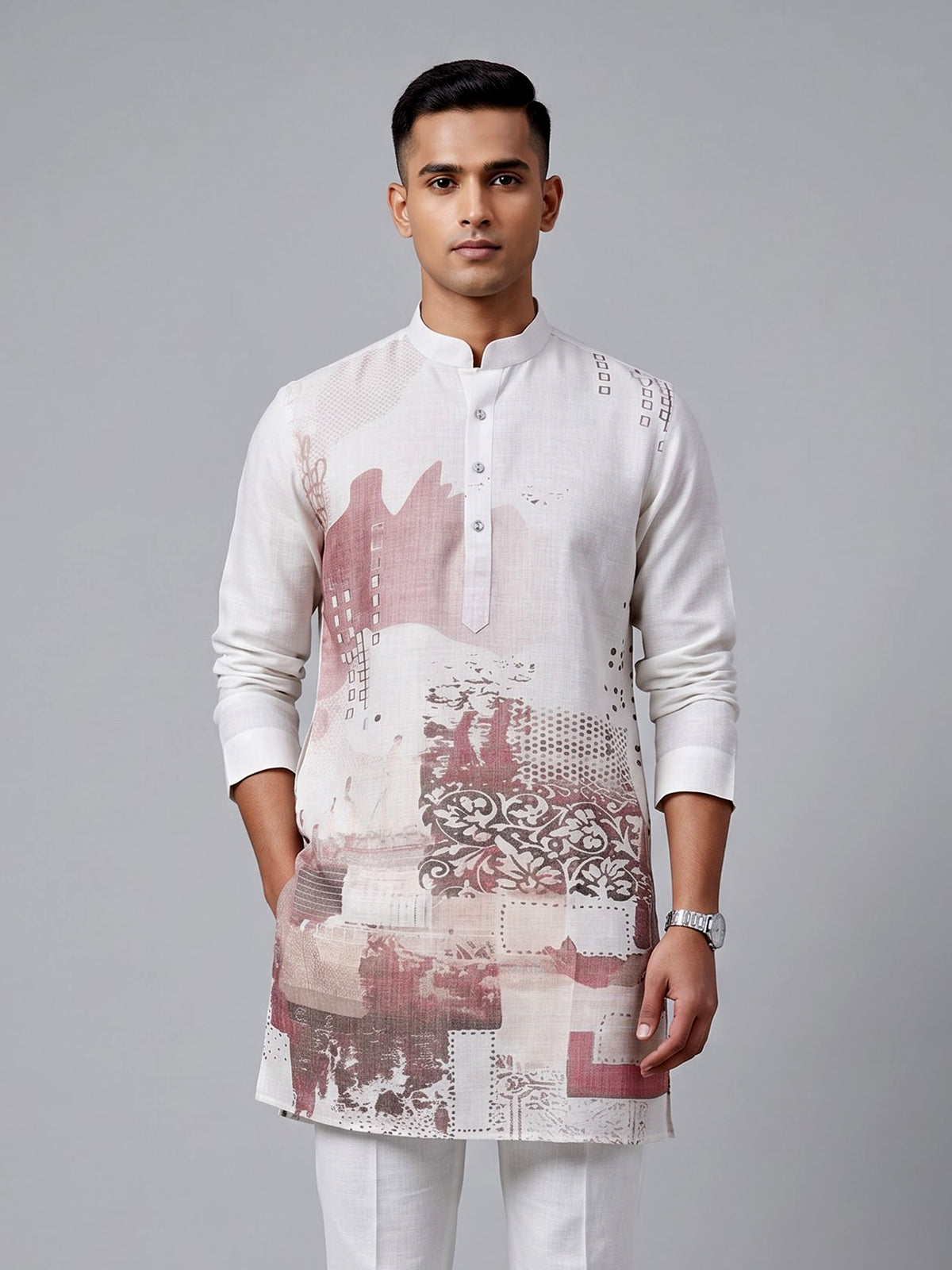 Off white abstract collage printed linen blend kurta for mens