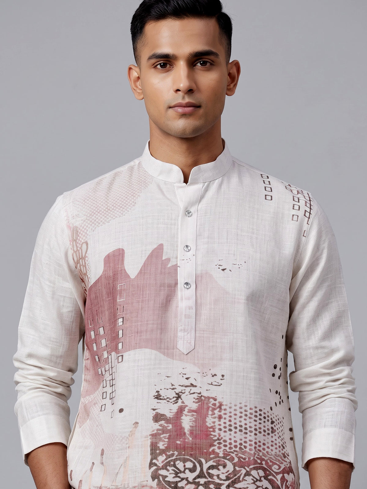 Off white abstract collage printed linen blend kurta for mens