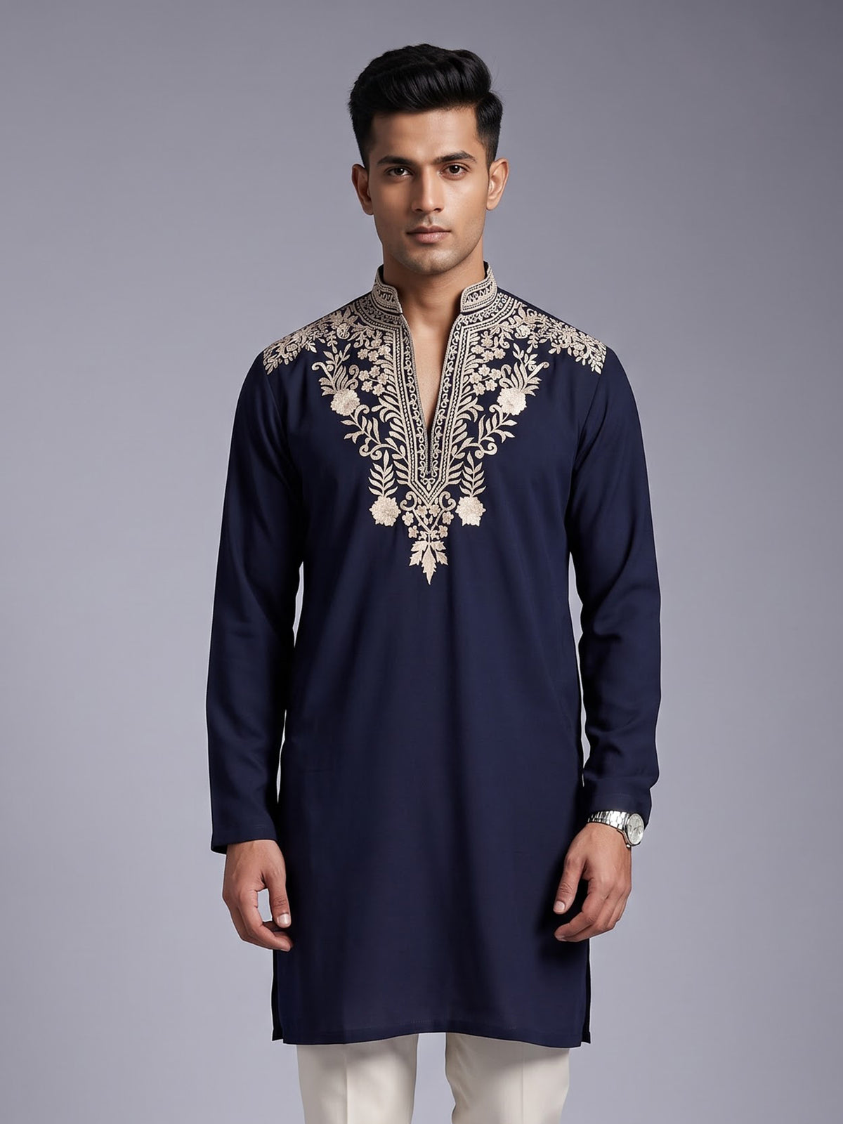 Navy ivory embroidered premium cotton blend kurta for mens