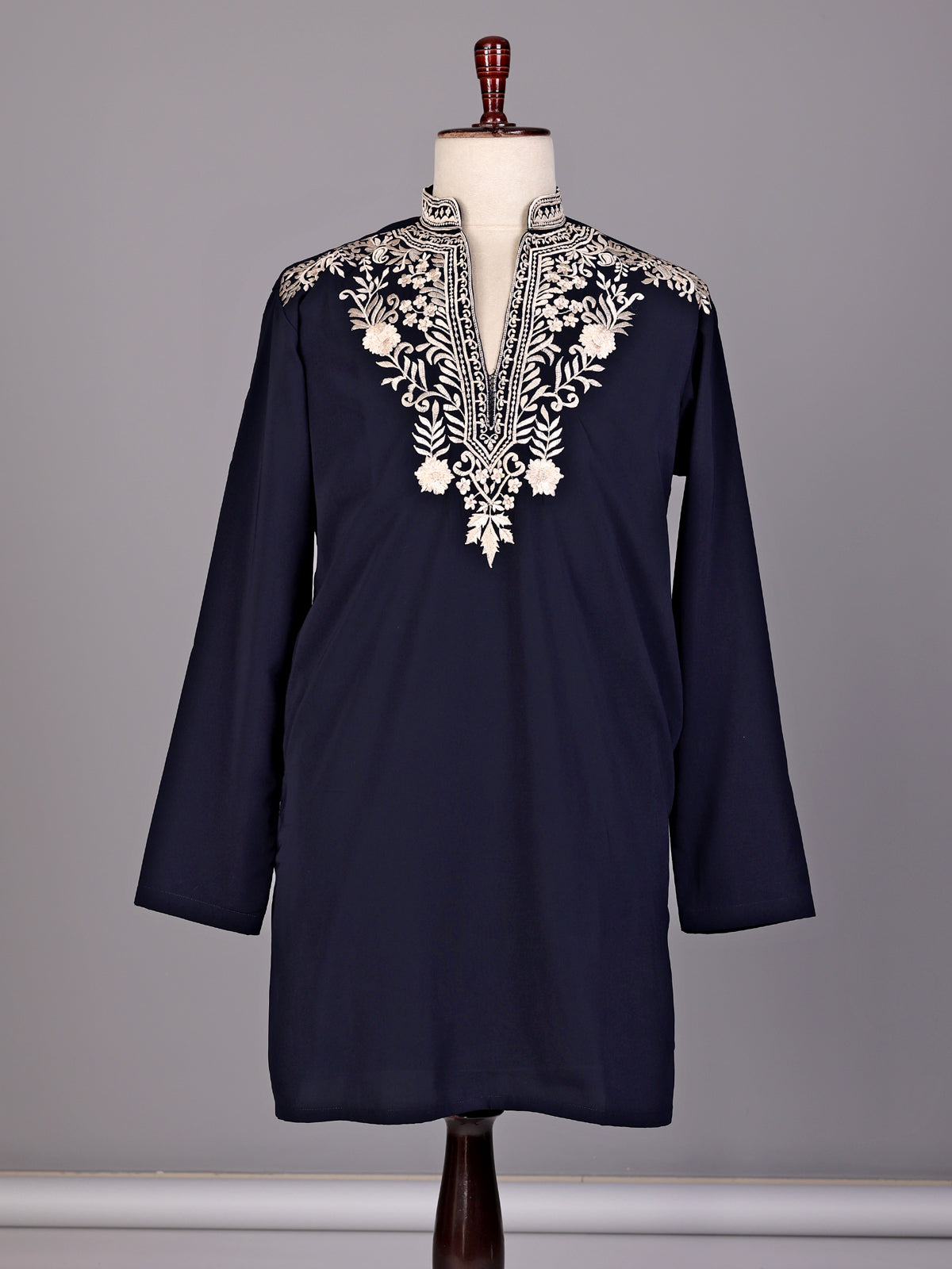 Navy ivory embroidered premium cotton blend kurta for mens