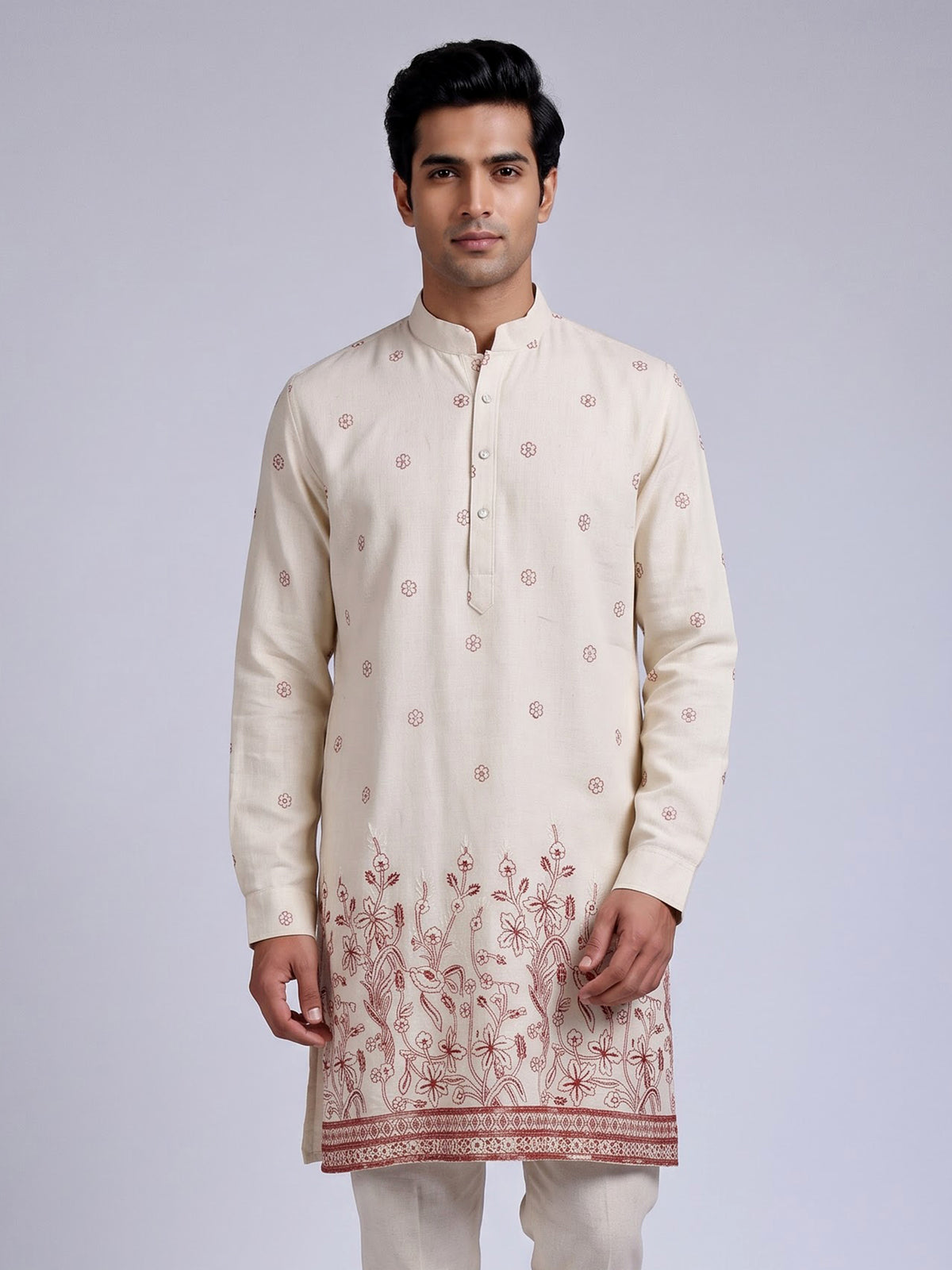 Cream rust red embroidered sequined cotton linen kurta for mens