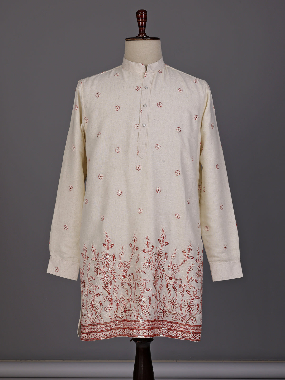 Cream rust red embroidered sequined cotton linen kurta for mens
