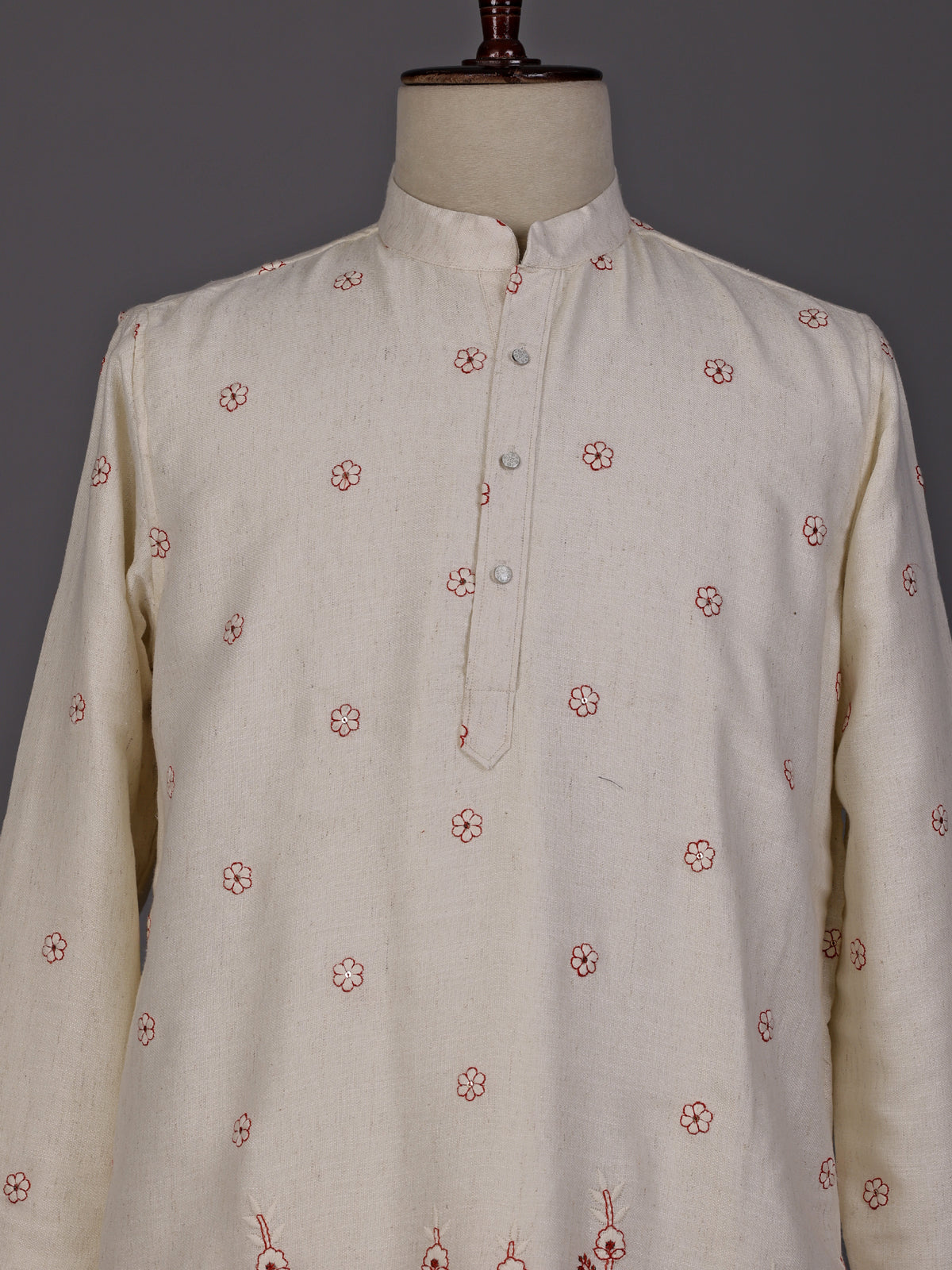 Cream rust red embroidered sequined cotton linen kurta for mens