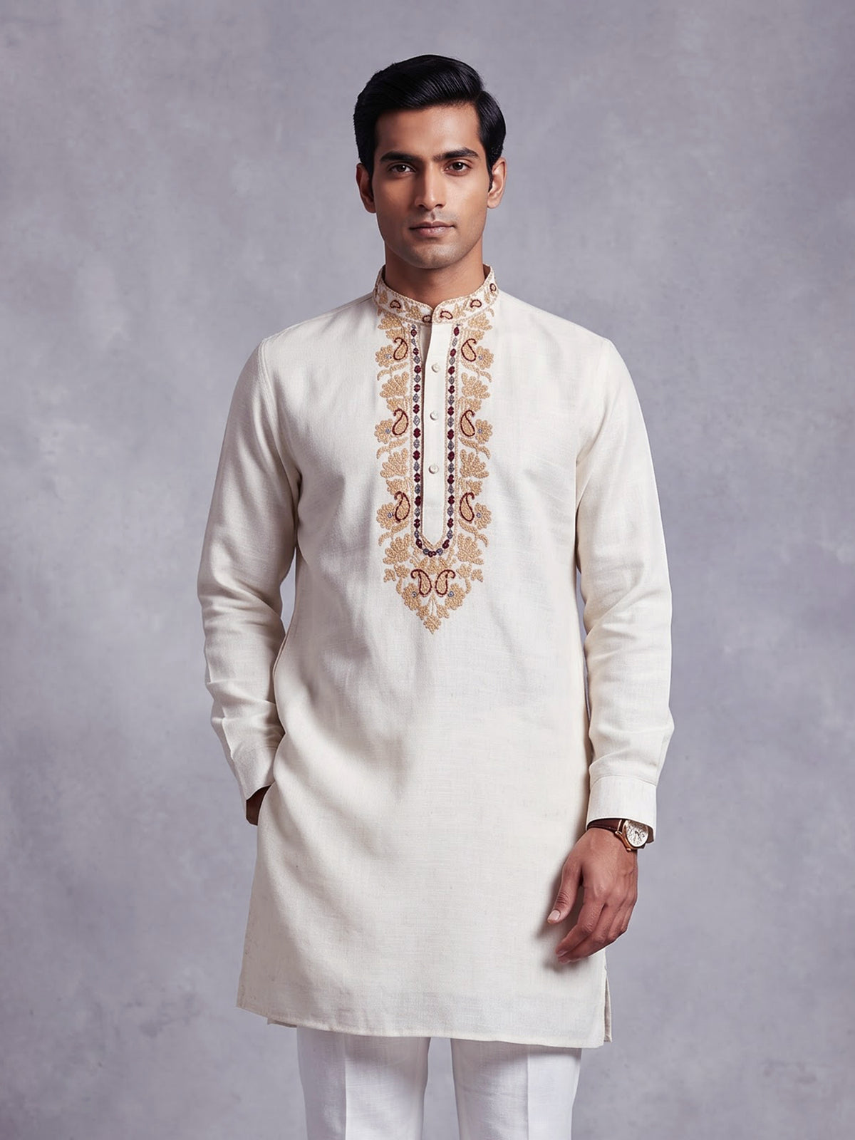 Off white thread and aabla cotton linen kurta for mens