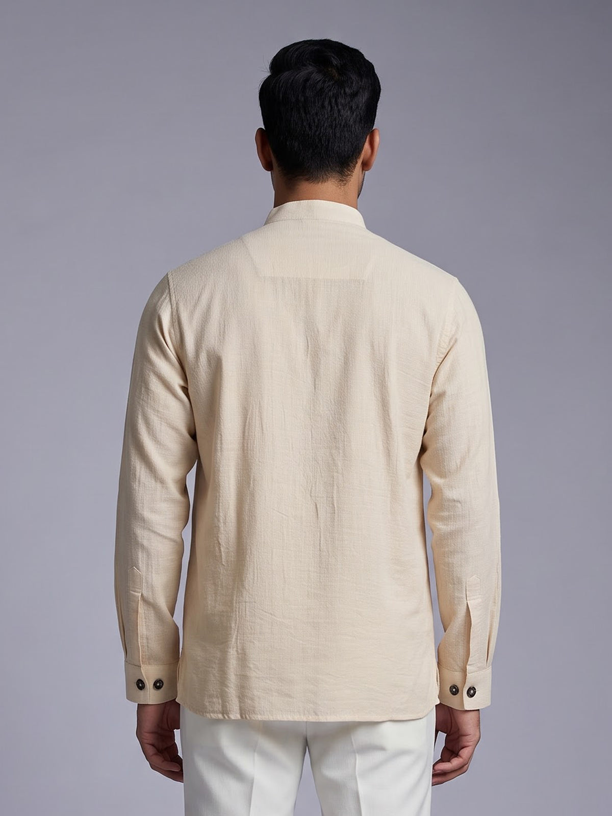 Beige solid textured shirt style cotton blend kurta for mens
