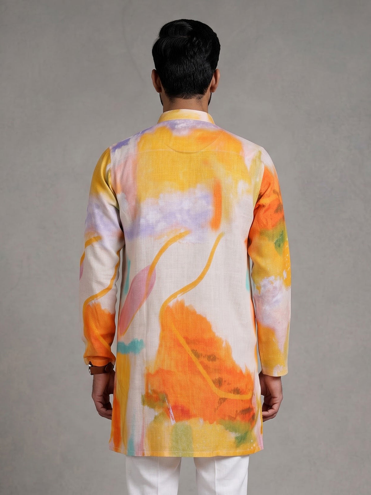 Orange abstract watercolor printed cotton linen kurta for mens