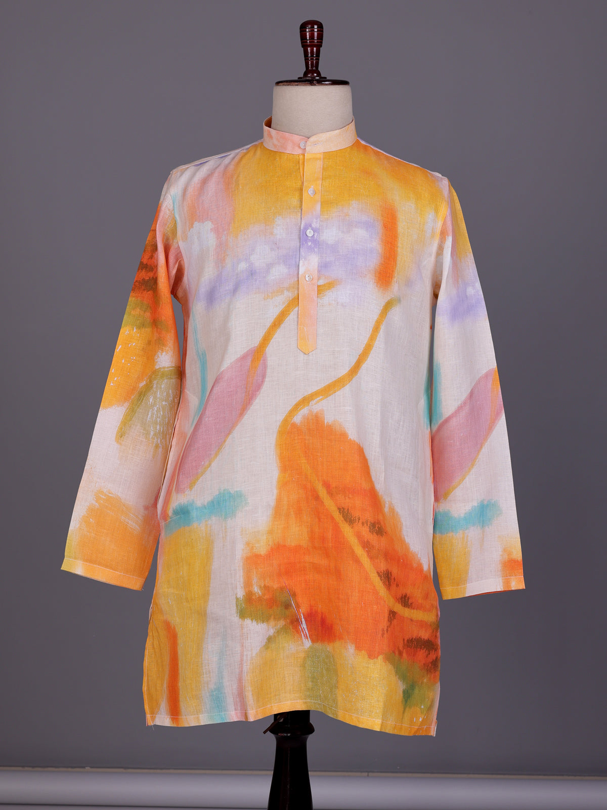 Orange abstract watercolor printed cotton linen kurta for mens