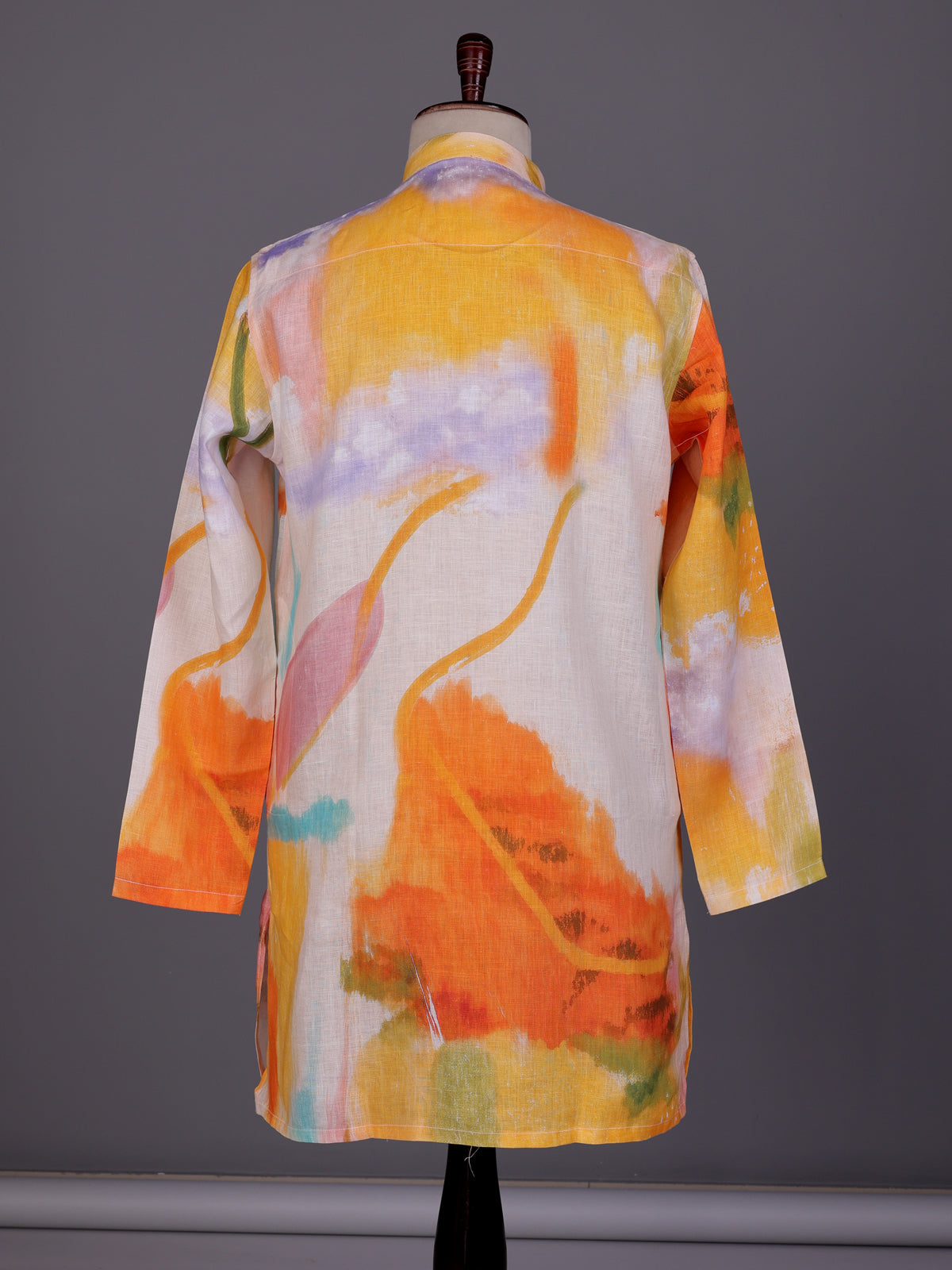 Orange abstract watercolor printed cotton linen kurta for mens