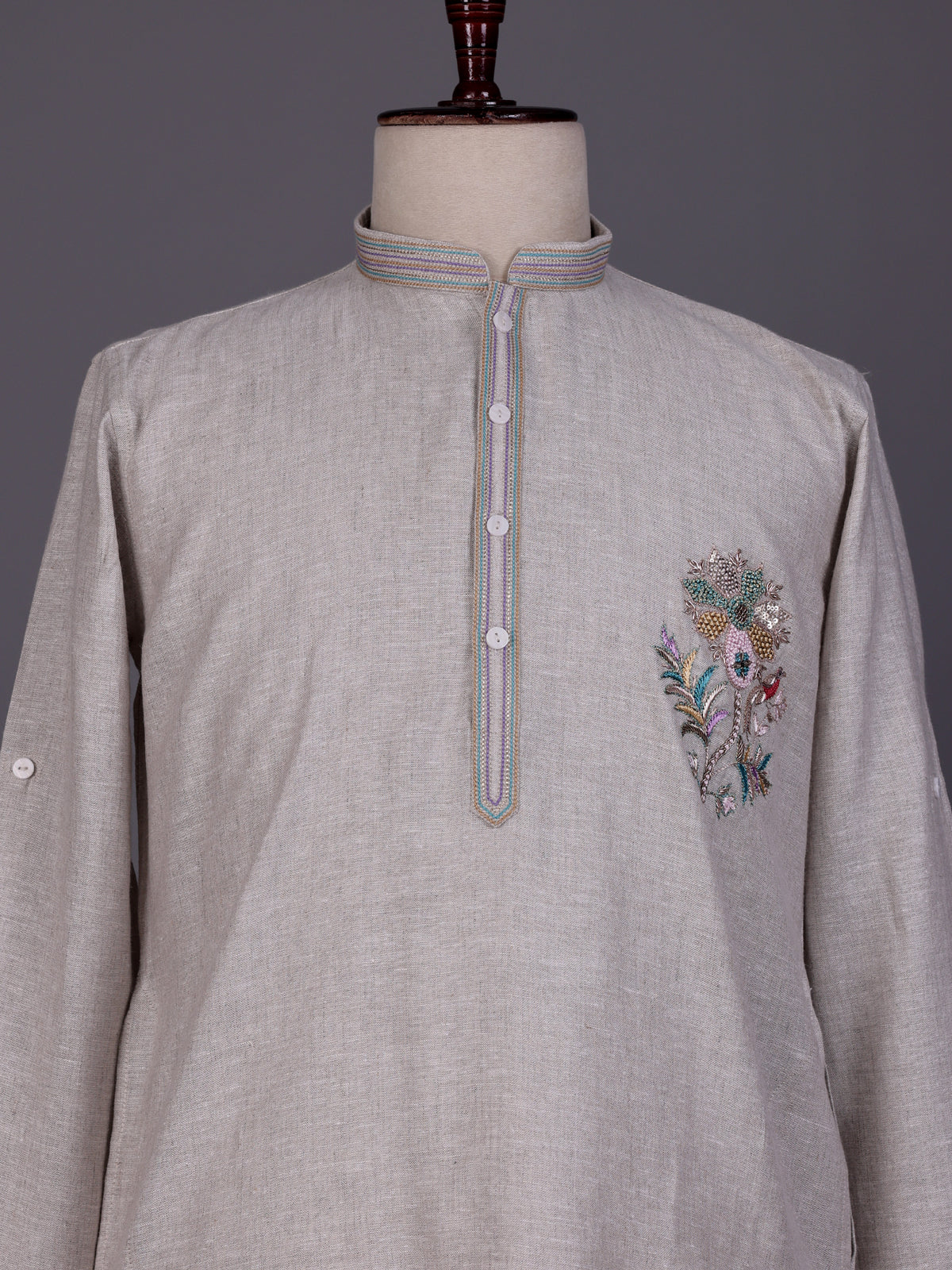 Grey thread sequins zardosi cotton linen kurta for mens