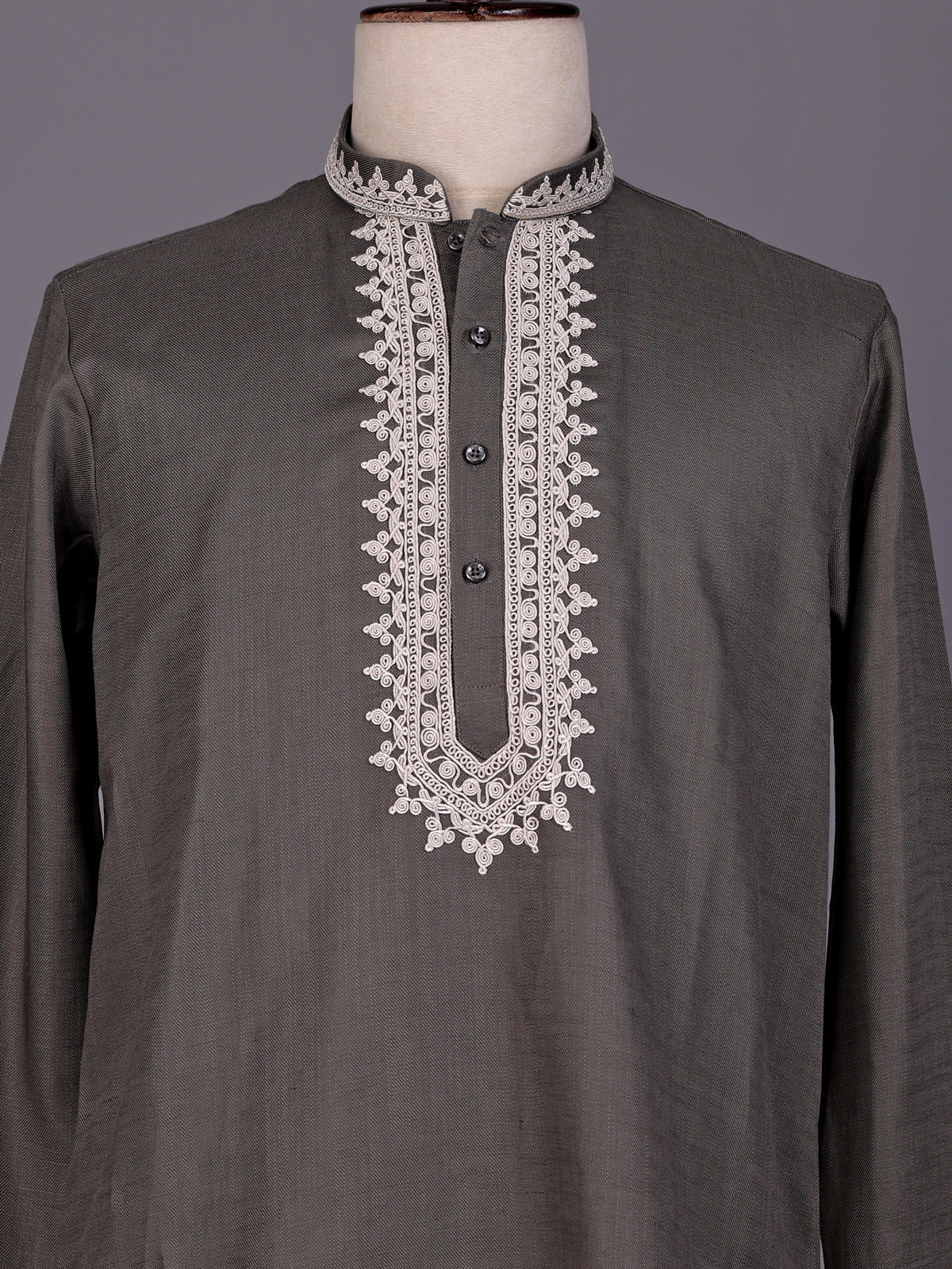 Grey ivory thread embroidered cotton silk kurta for mens