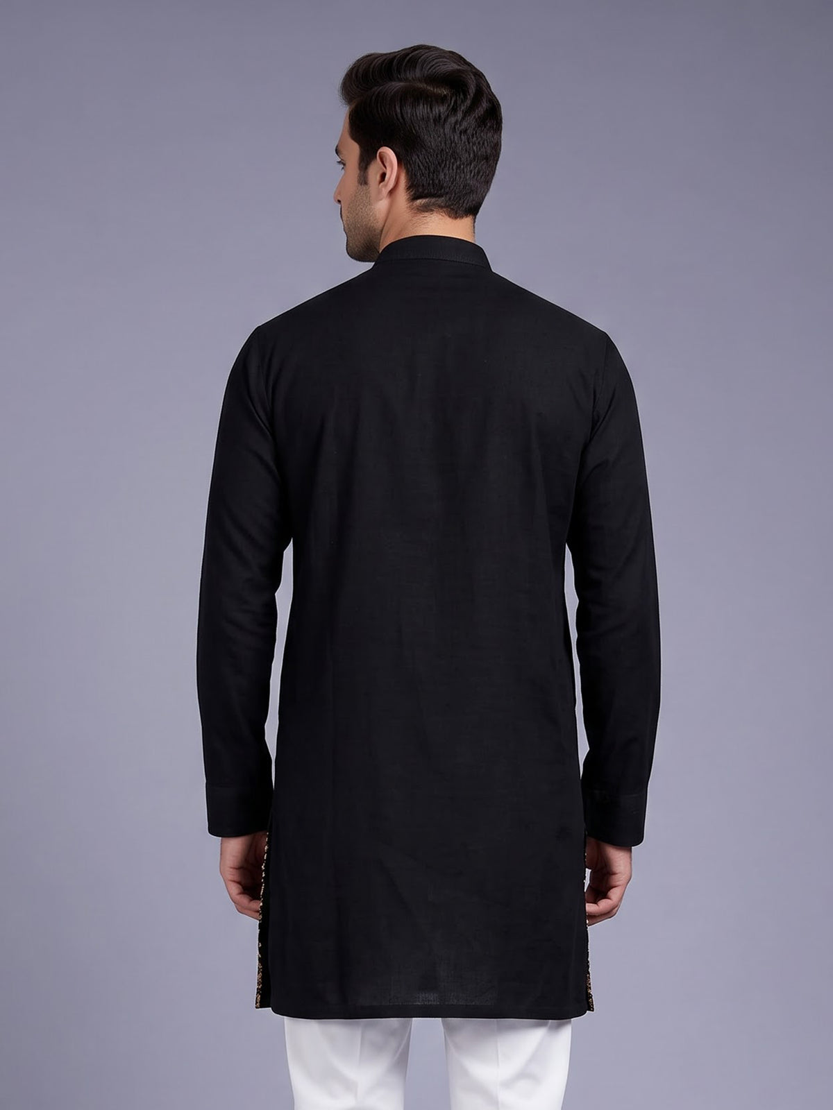 Black Kashmiri thread aabla embroidered cotton blend kurta for mens