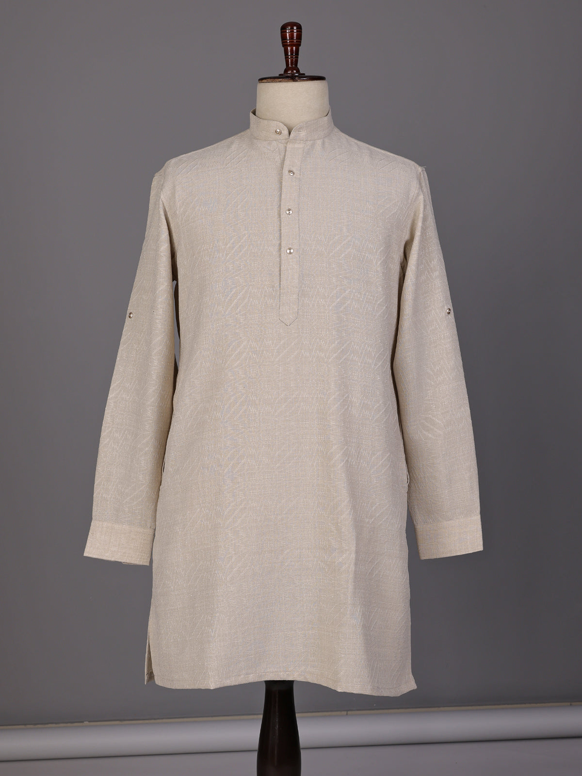 Off white embroidered cotton linen Chinese collar kurta for mens