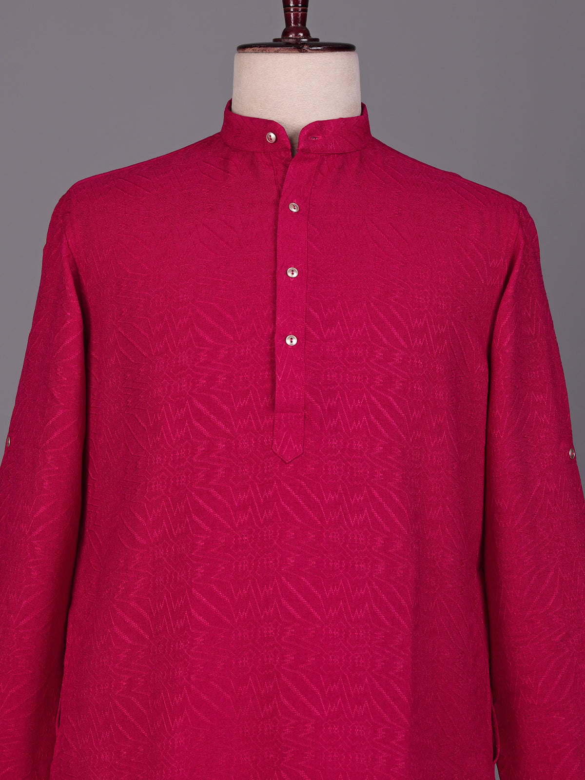 Rani pink embroidered cotton linen Chinese collar kurta for mens