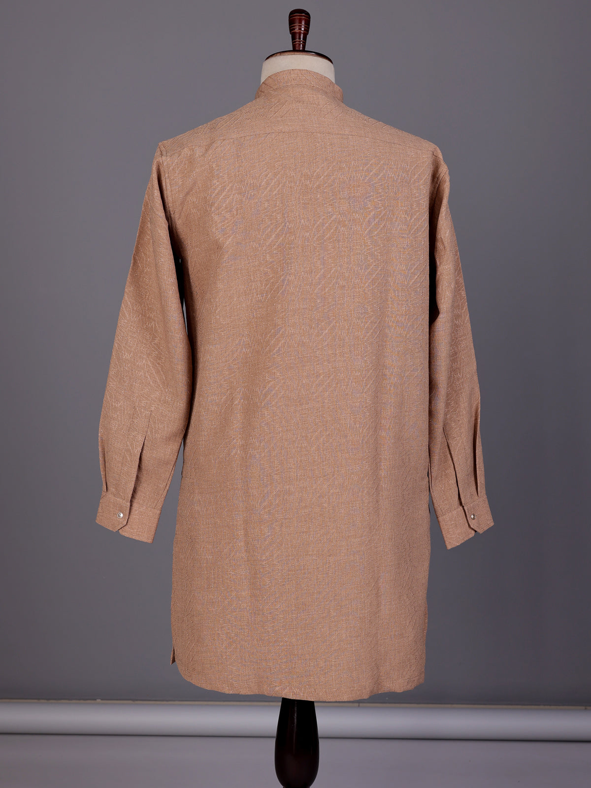 Camel beige embroidered cotton linen Chinese collar kurta for mens