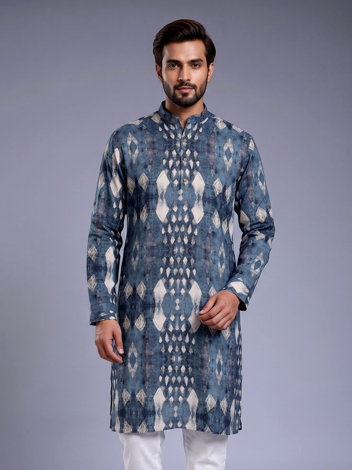 Stone grey printed silk Chinese collar kurta for mens