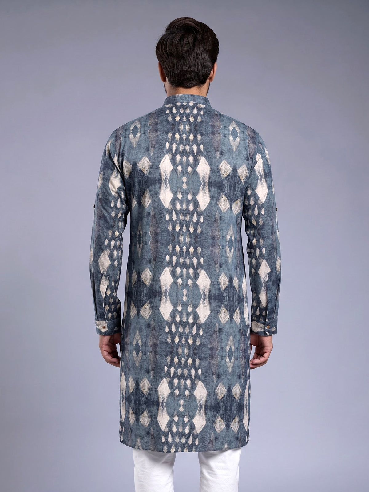 Stone grey printed silk Chinese collar kurta for mens
