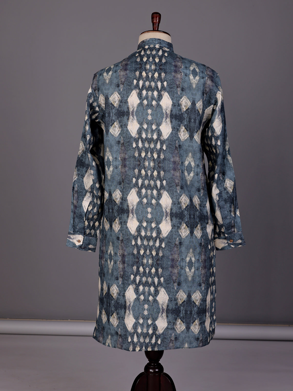 Stone grey printed silk Chinese collar kurta for mens