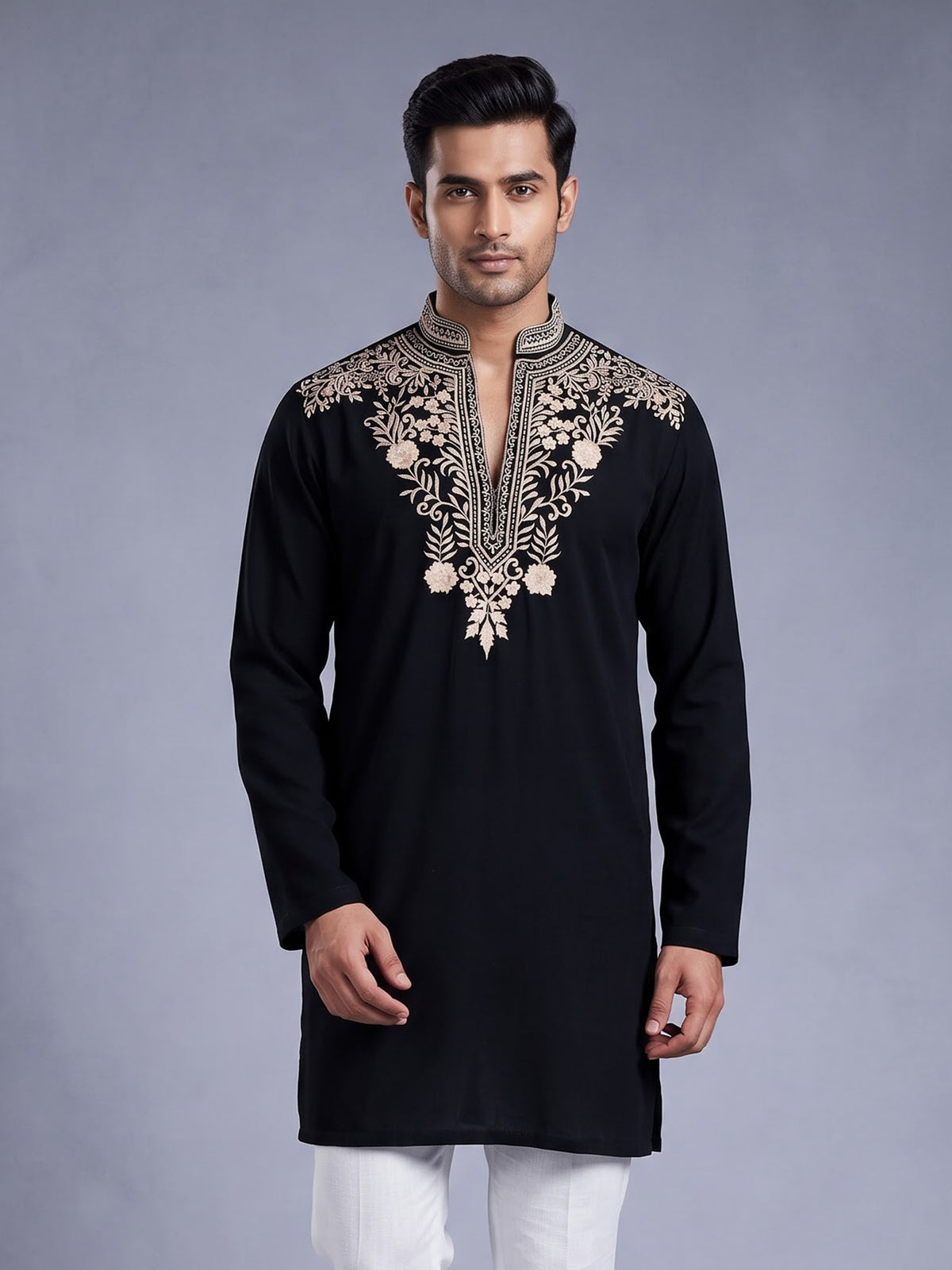 Black cream floral embroidered cotton blend kurta for mens