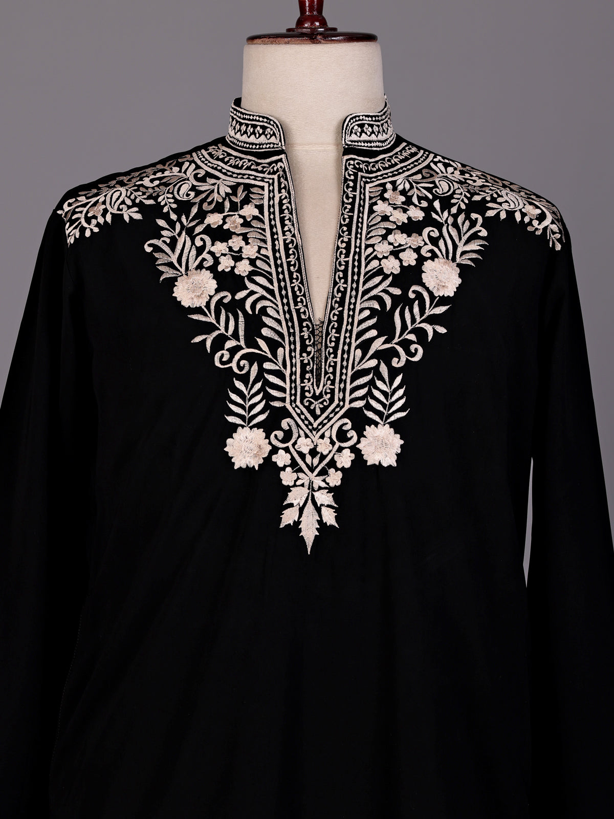 Black cream floral embroidered cotton blend kurta for mens