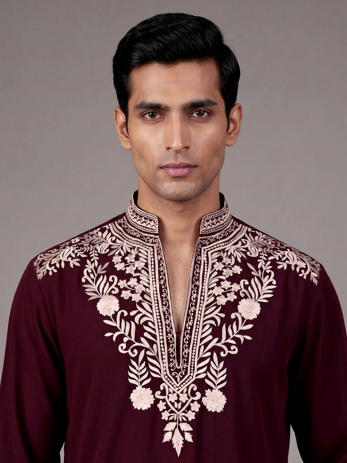 Wine cream floral embroidered cotton blend kurta for mens