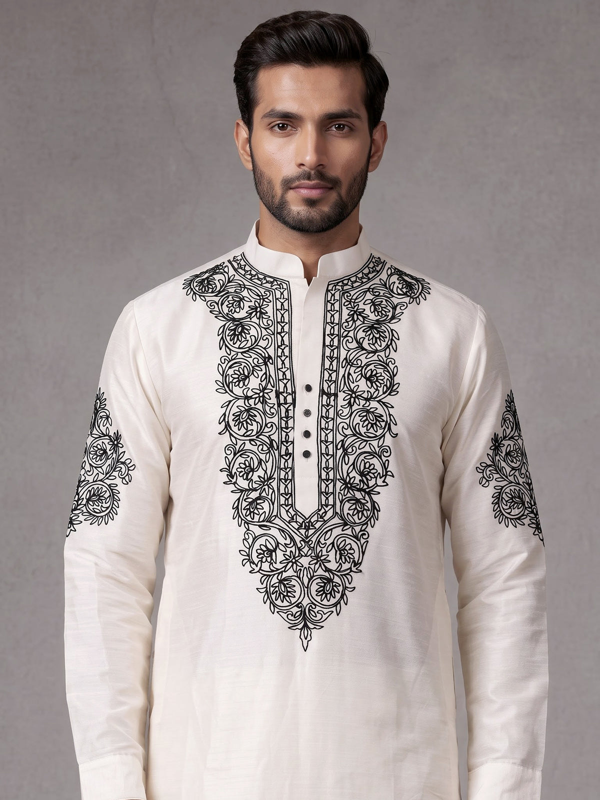 White Kashmiri floral thread poly cotton kurta for mens
