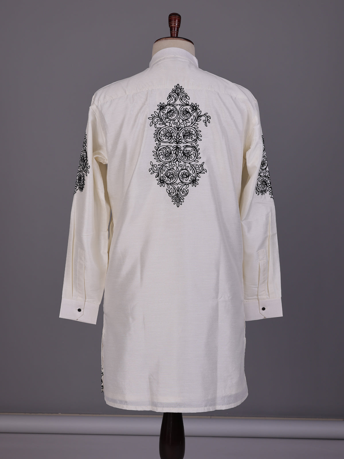 White Kashmiri floral thread poly cotton kurta for mens