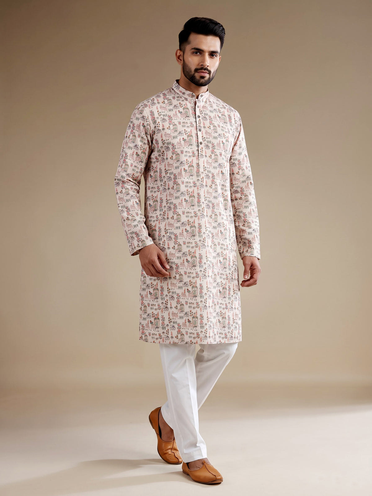 Beige cotton mens kurta suit with traditional floral vine print
