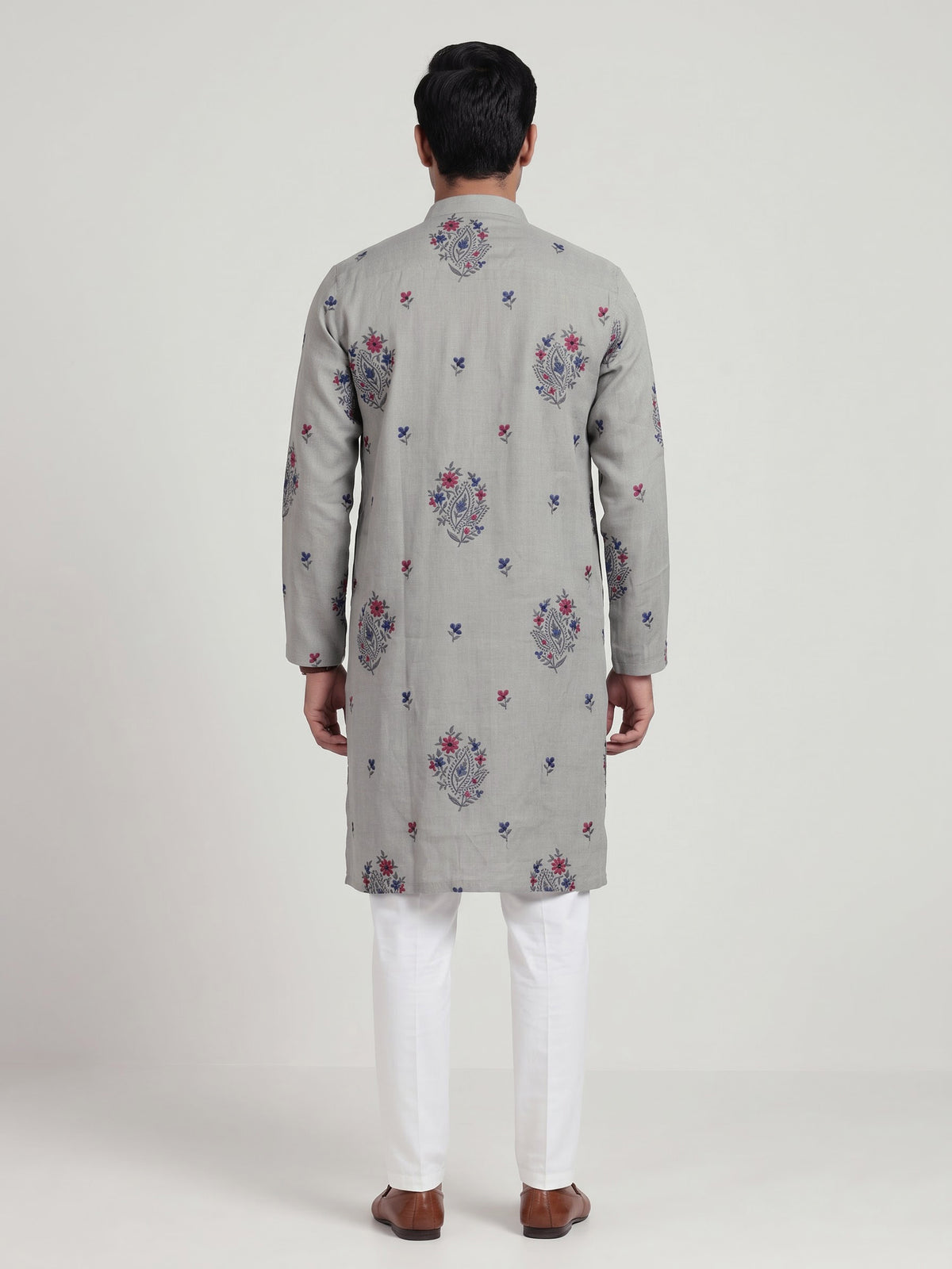 Grey cotton linen mens kurta suit with paisley floral embroidery