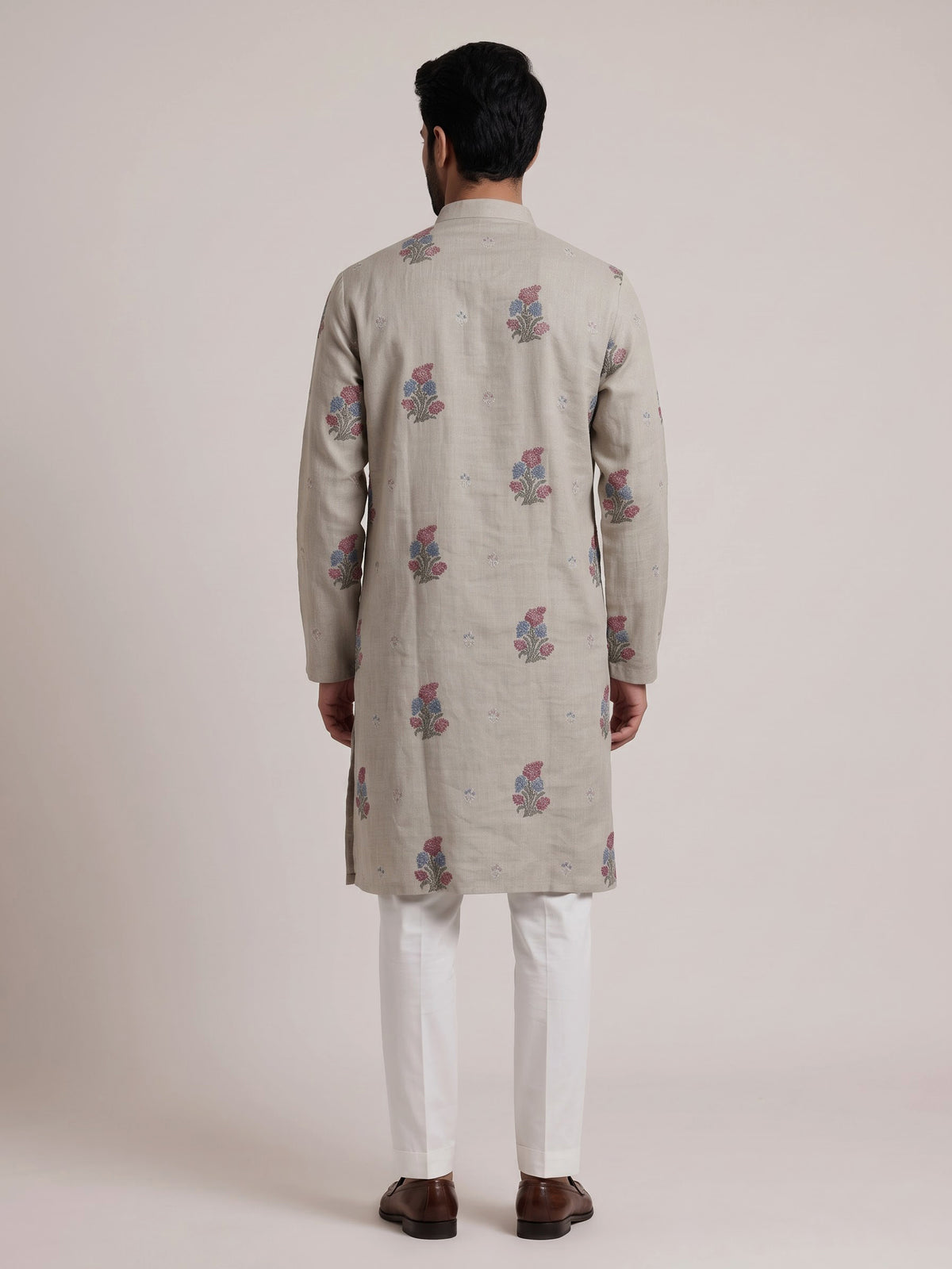 Light grey cotton linen mens kurta suit with pastel floral bootis