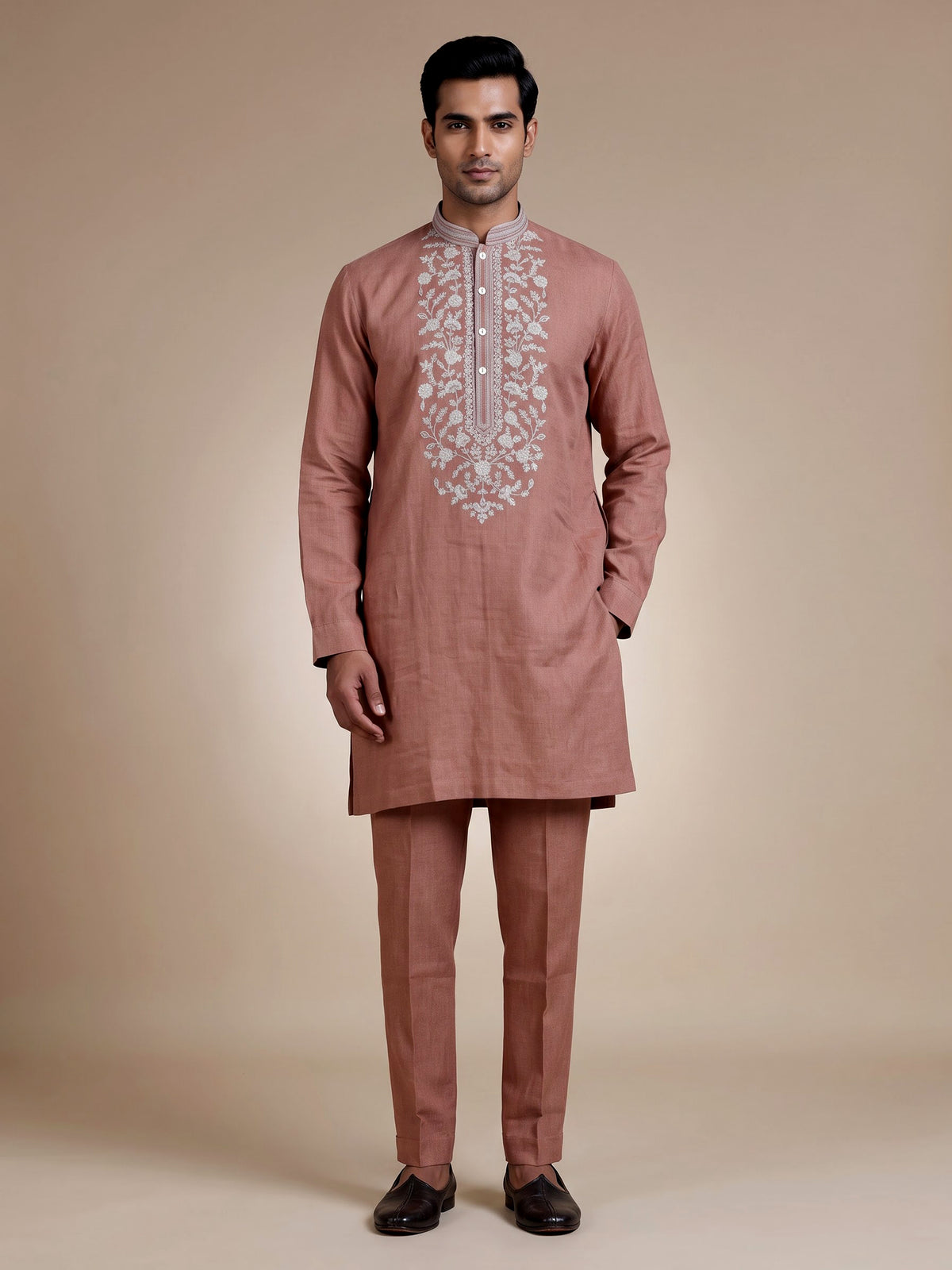 Peach cotton linen mens kurta suit with floral yoke embroidery