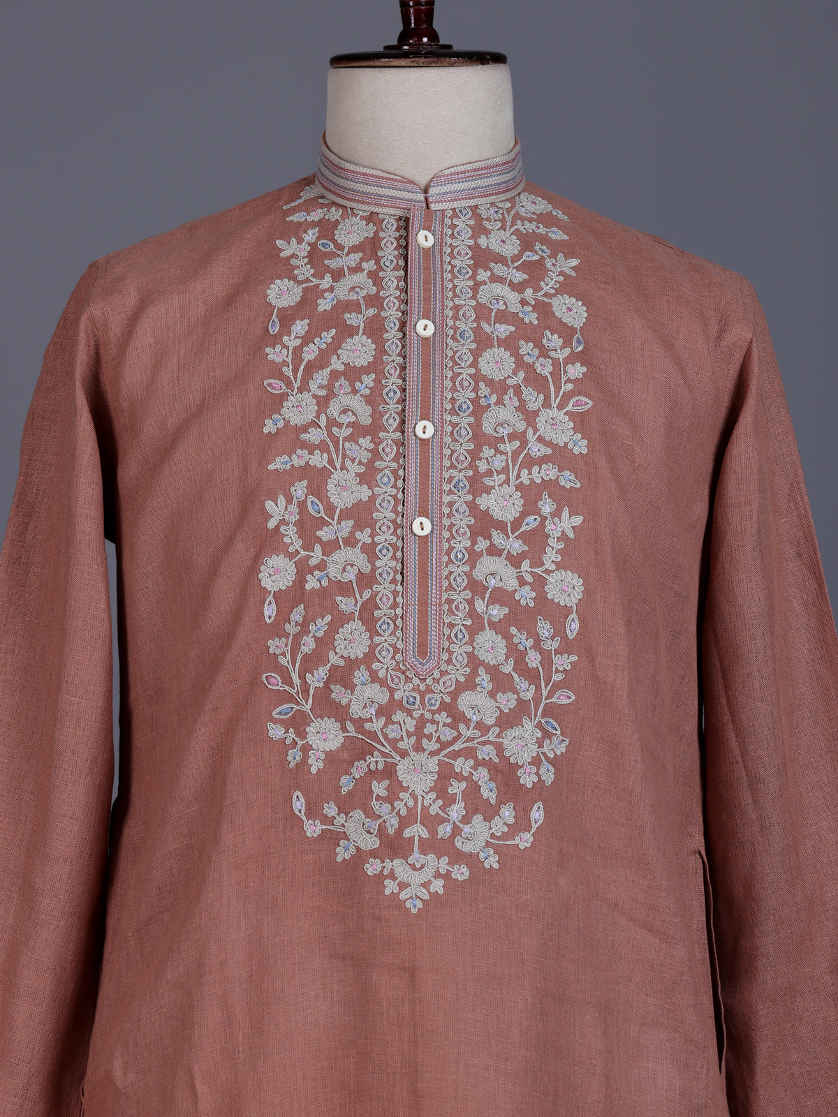 Peach cotton linen mens kurta suit with floral yoke embroidery