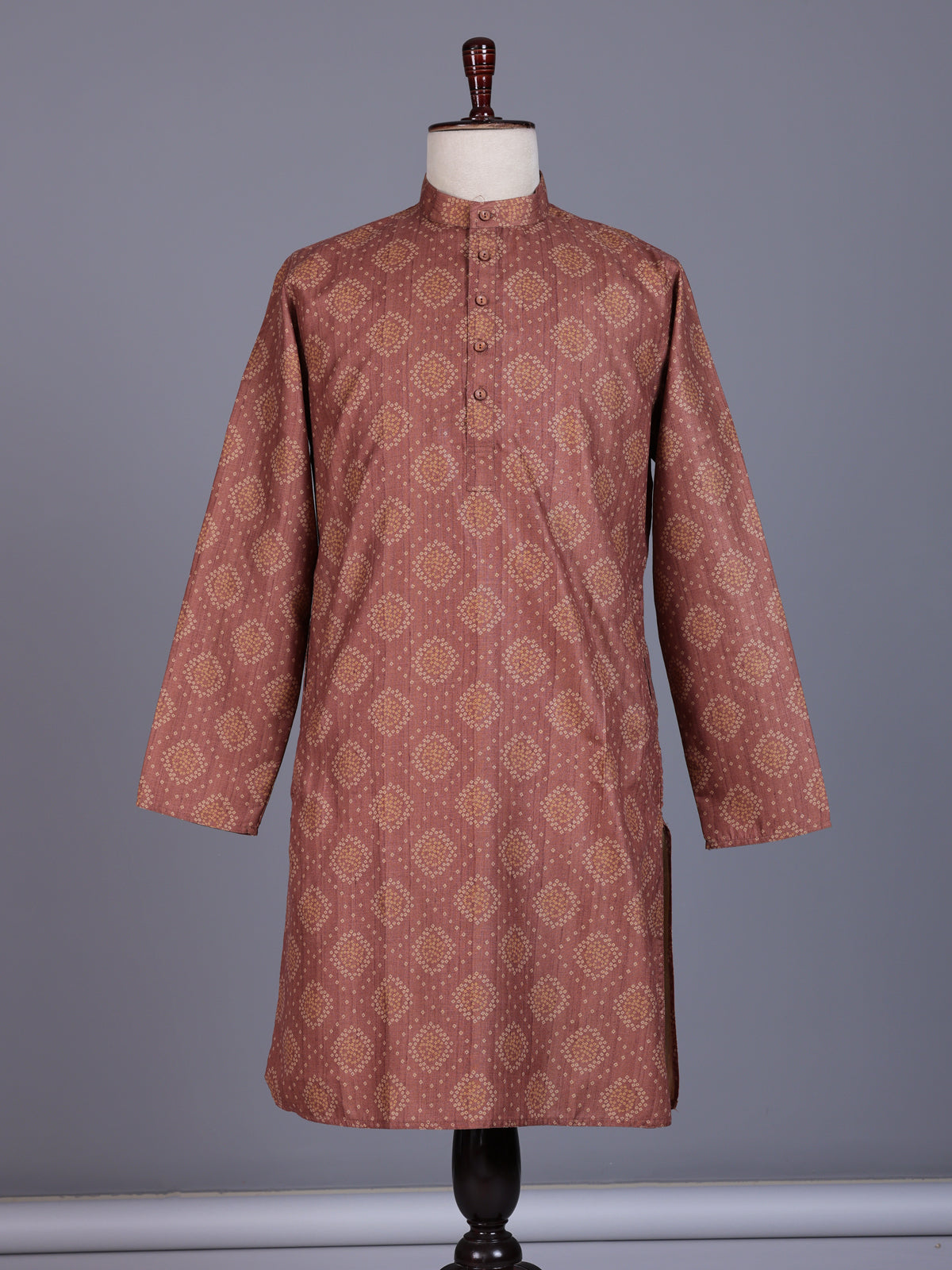 Rust light brown chanderi silk mens kurta suit with classic bandhani print