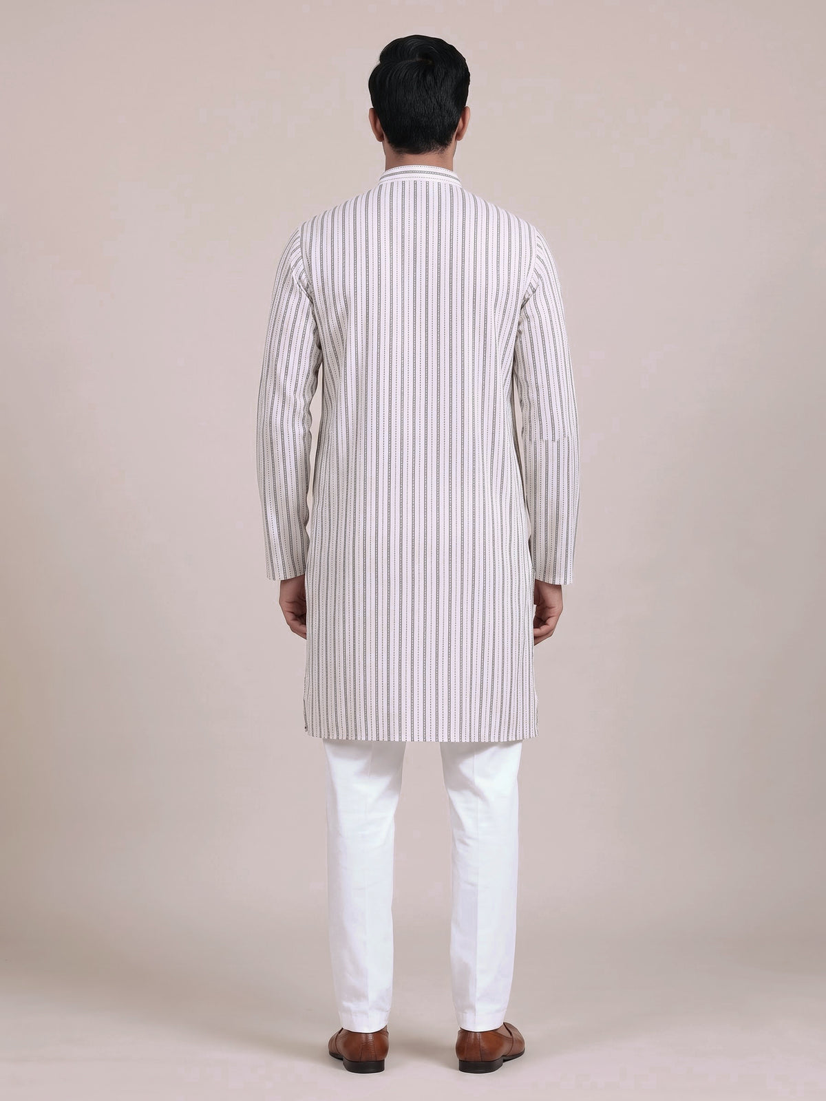 White cotton mens kurta suit with elegant stripe print