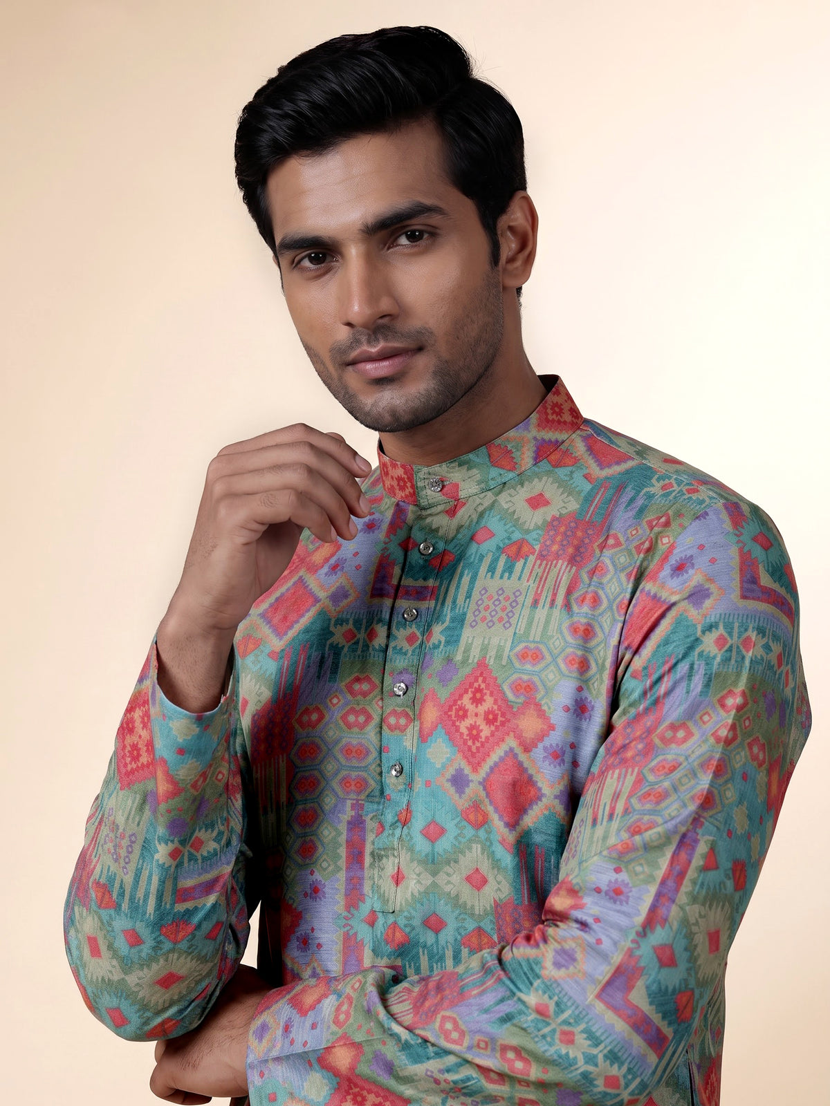 Sky blue cotton silk mens kurta suit with elegant traditional print