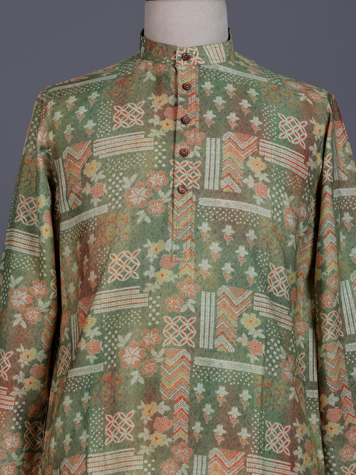 Pista green cotton silk mens kurta suit with delicate floral print