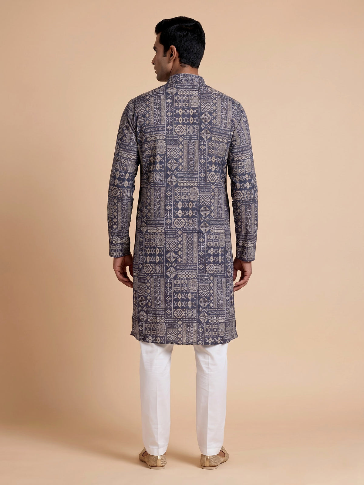 Navy blue silk mens kurta suit with refined printed detailing